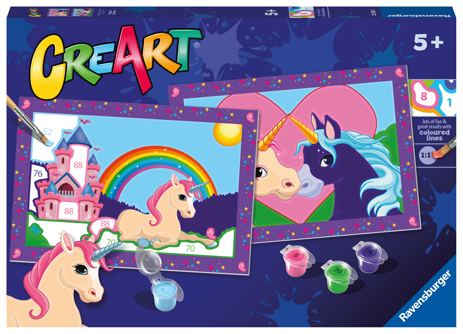 Ravensburger - creart serie junior, unicorni, kit dipingere con i numeri, contiene 2 tavole prestampate, pennello, colori, gioco creativo per maschi e femmine dai 5+ anni di età - RAVENSBURGER