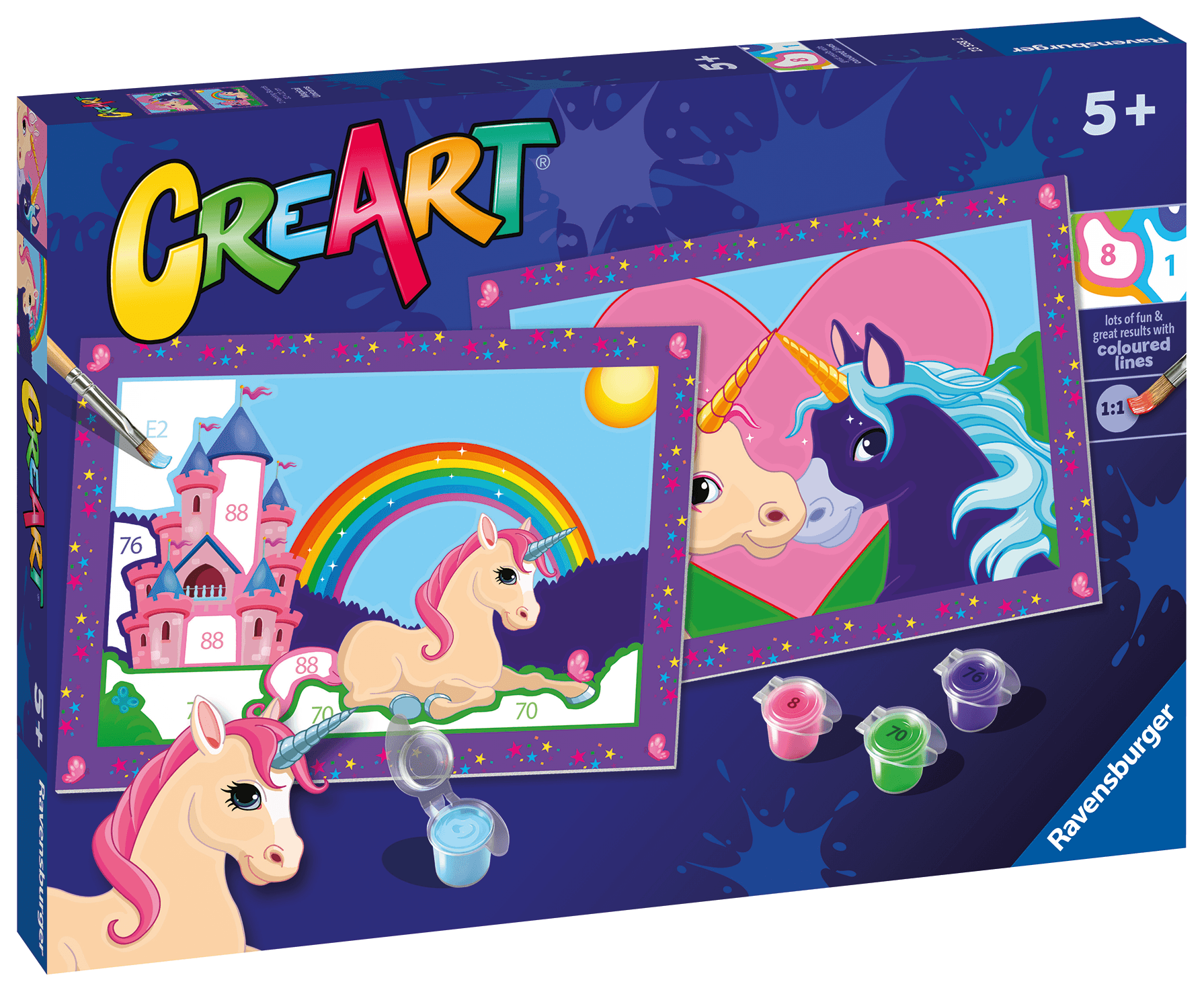 Ravensburger - creart serie junior, unicorni, kit dipingere con i numeri, contiene 2 tavole prestampate, pennello, colori, gioco creativo per maschi e femmine dai 5+ anni di età - RAVENSBURGER