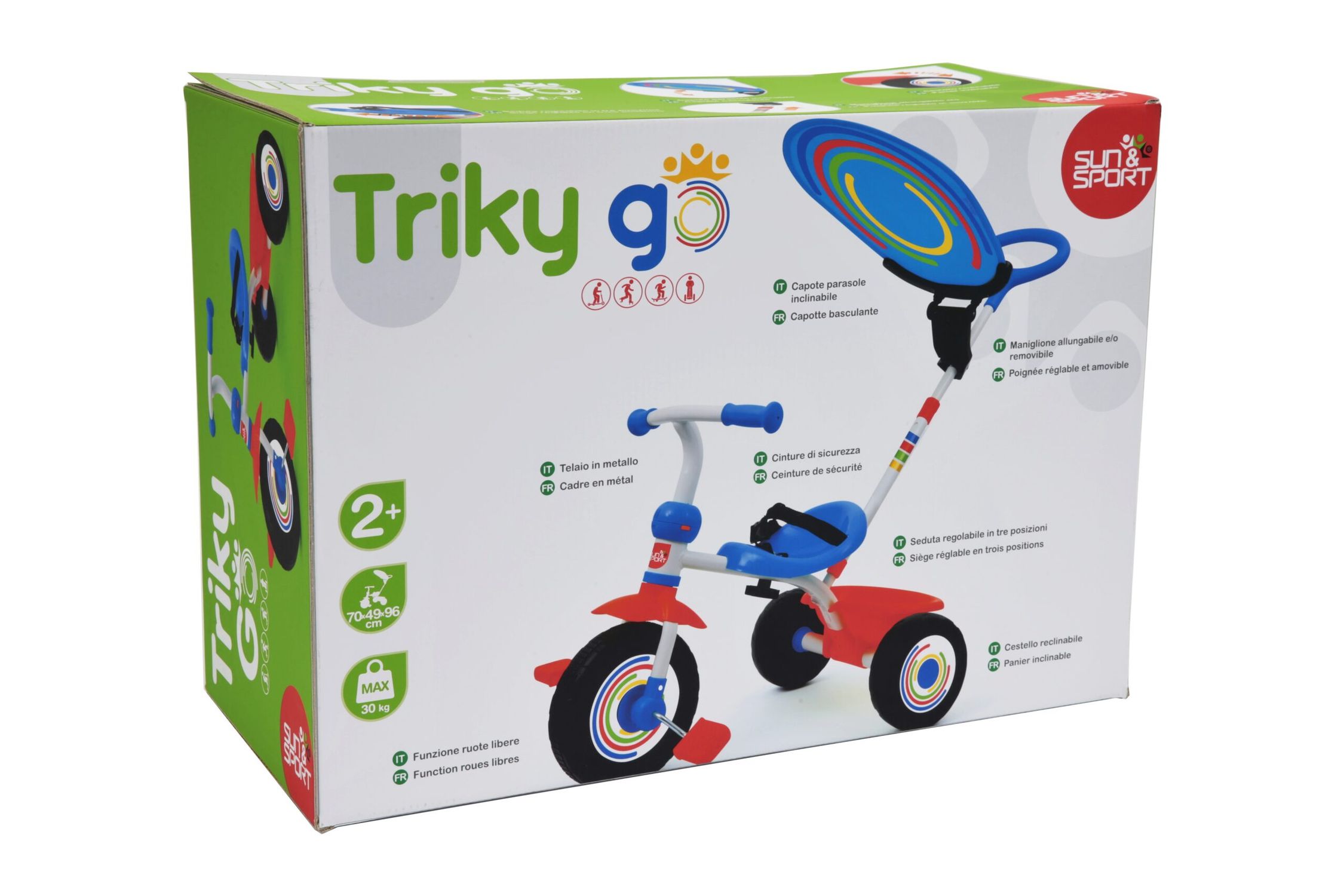 Triciclo regolabile con ruote libere e maniglione per bambini dai 10 mesi | cestino inclinabile, capote parasole e massimo di 20kg - SUN&SPORT