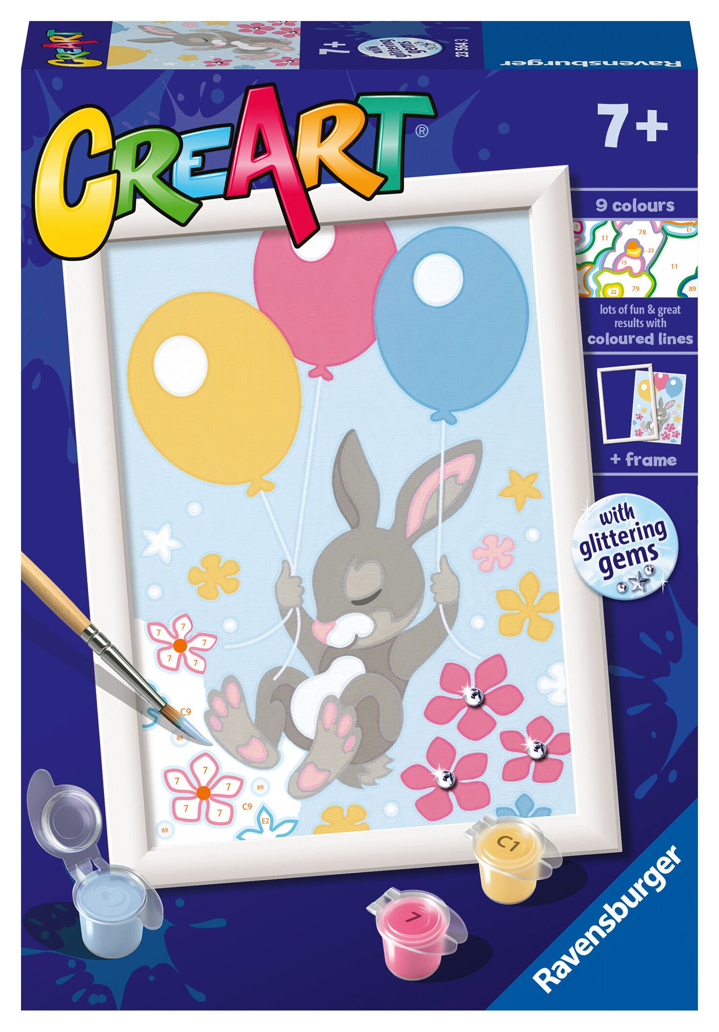 Ravensburger - creart serie d: coniglietto con palloncini, kit per dipingere con i numeri, contiene una tavola prestampata, pennello, colori e accessori, gioco creativo per bambini 7+ anni - CREART, RAVENSBURGER