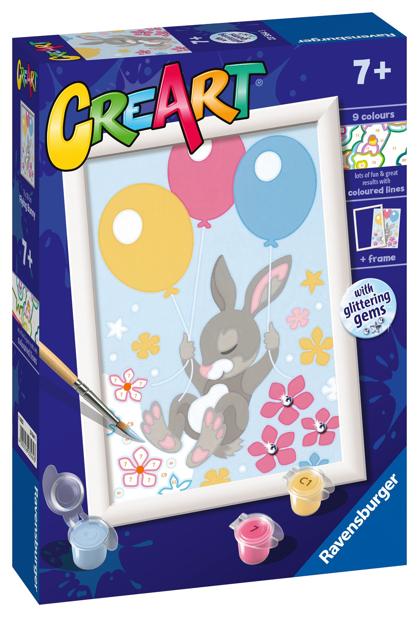 Ravensburger - creart serie d: coniglietto con palloncini, kit per dipingere con i numeri, contiene una tavola prestampata, pennello, colori e accessori, gioco creativo per bambini 7+ anni - CREART, RAVENSBURGER
