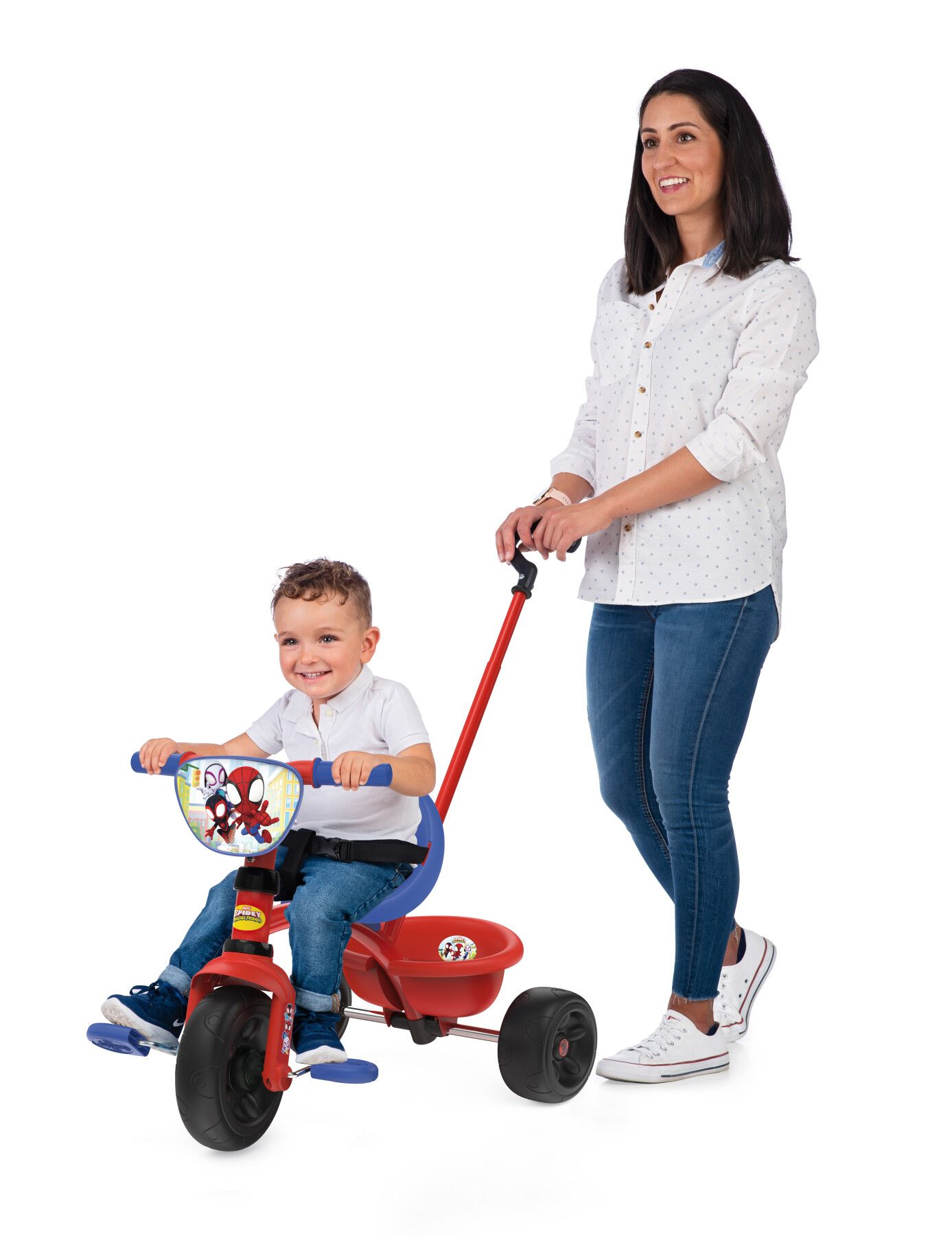 Smoby - triciclo spidey, 7600740337, +15 mesi, evolutivo, con asta parentale, licenza ufficiale spidey, con cintura di sicurezza, vano portaoggetti - SMOBY