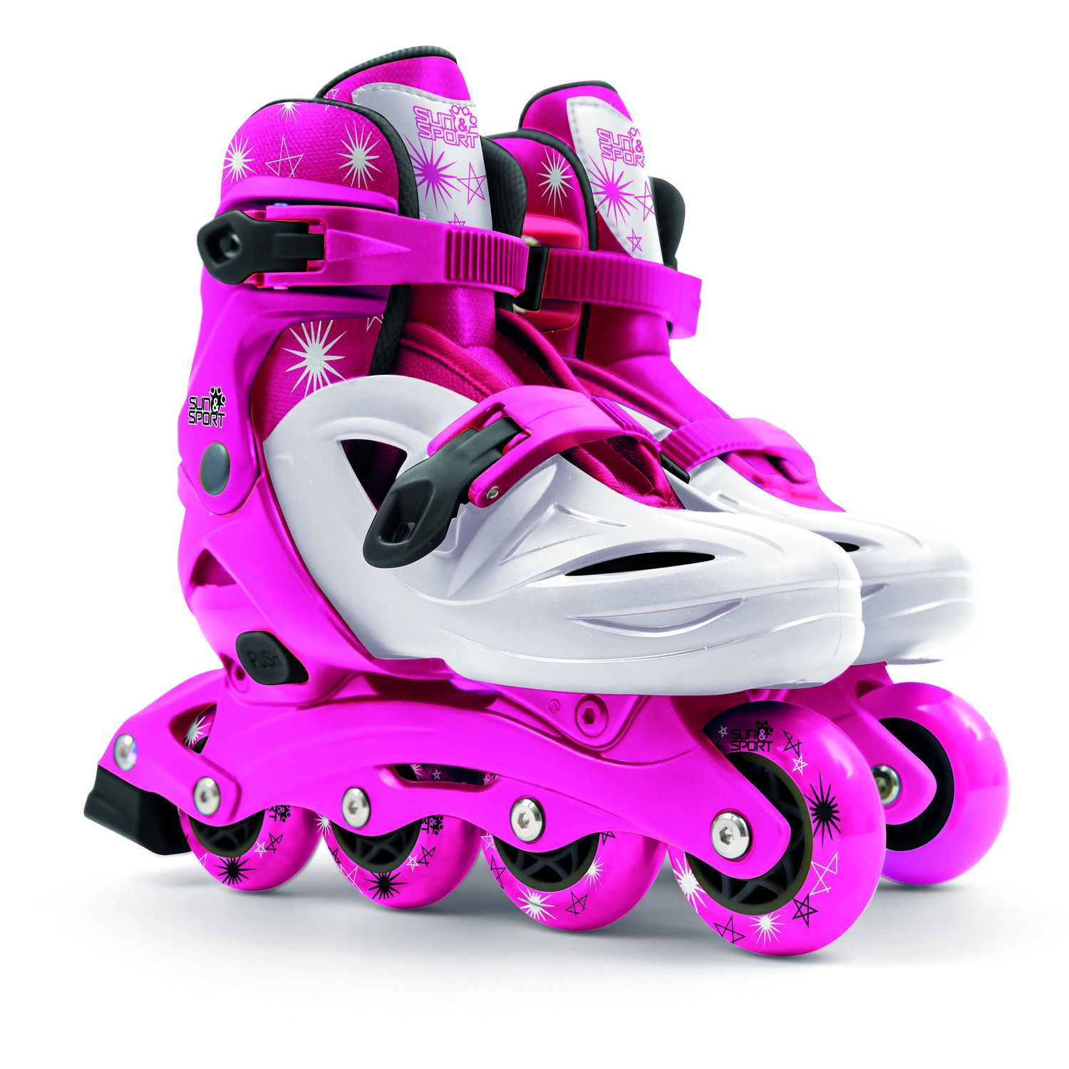 Pattini a 4 ruote con taglia regolabile e sistema frenante per bambini - misura 31-35, fibbie regolabili e imbottitura dello stivale - disponibile in blu e rosa - SUN&SPORT