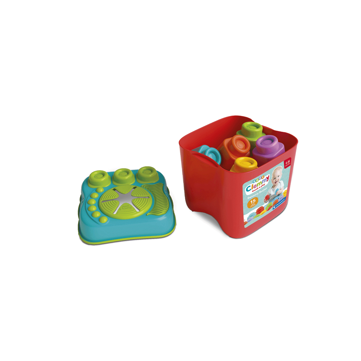 Clementoni - soft clemmy - touch, build and play sensory bucket, mattoncini morbidi - CLEMENTONI, CLEMMY