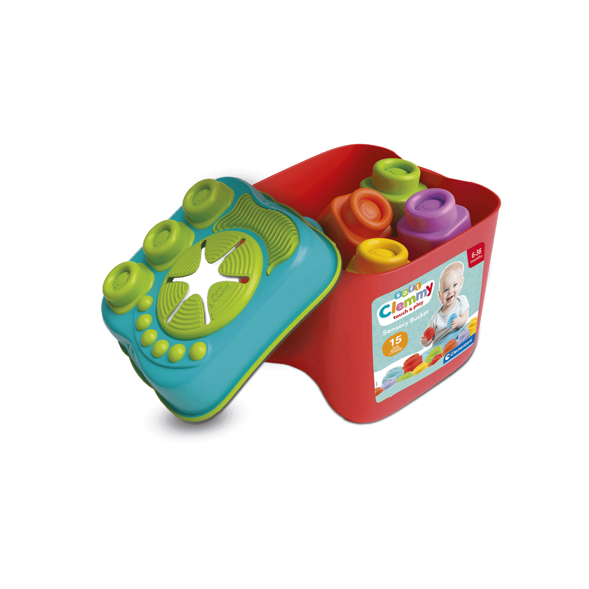 Clementoni - soft clemmy - touch, build and play sensory bucket, mattoncini morbidi - CLEMENTONI, CLEMMY