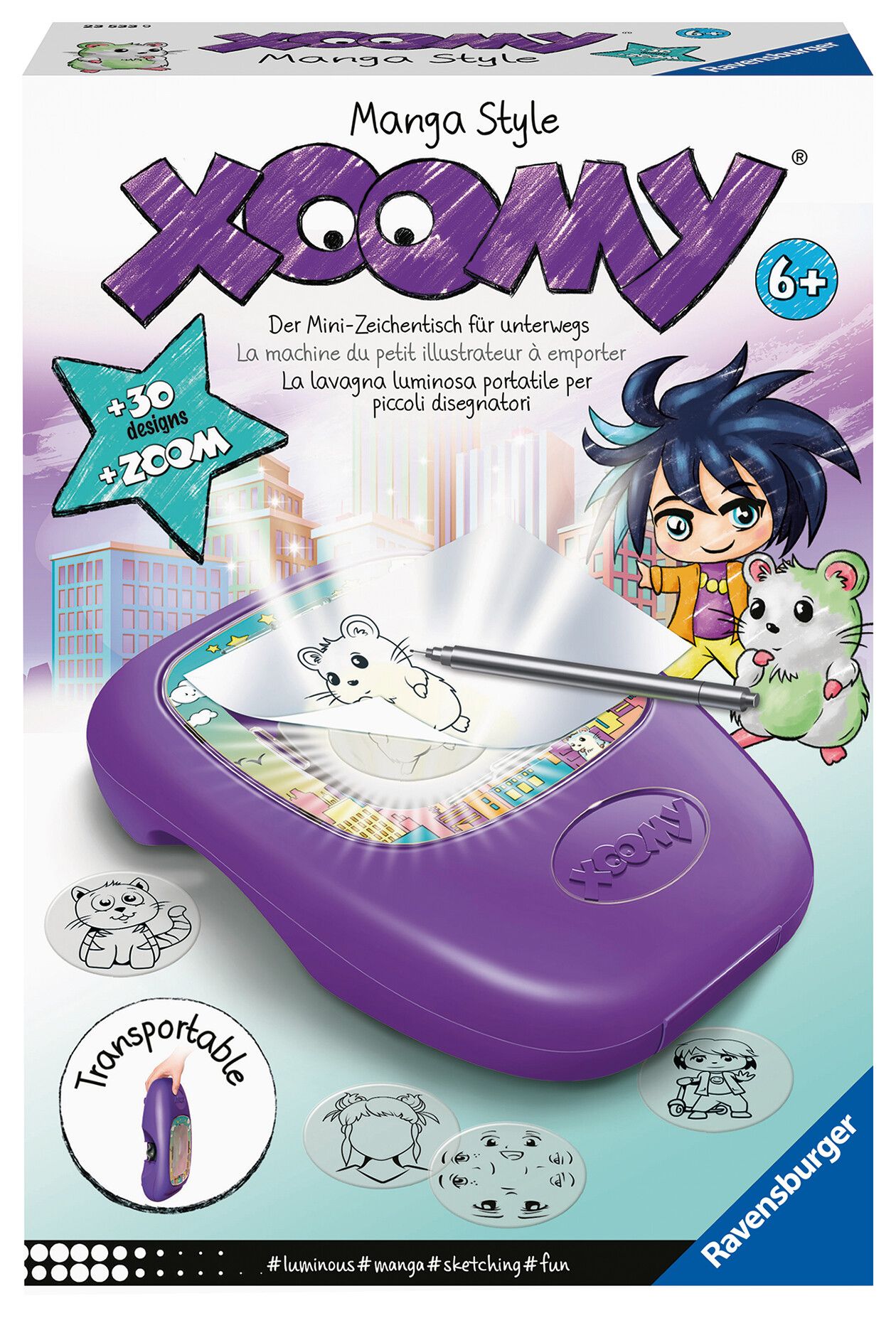 Ravensburger - xoomi midi manga style, tavolo da disegno portatile con proiettore luminoso, 30 motivi illustrati, compatibile con xoomi maxi e midi,  6+ anni - RAVENSBURGER