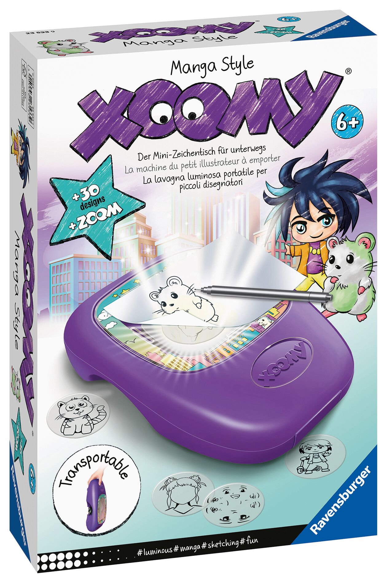 Ravensburger - xoomi midi manga style, tavolo da disegno portatile con proiettore luminoso, 30 motivi illustrati, compatibile con xoomi maxi e midi,  6+ anni - RAVENSBURGER