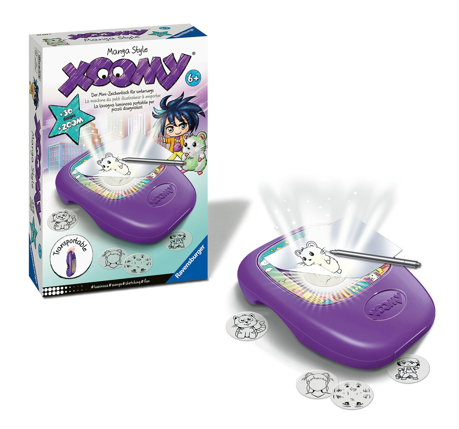 Ravensburger - xoomi midi manga style, tavolo da disegno portatile con proiettore luminoso, 30 motivi illustrati, compatibile con xoomi maxi e midi,  6+ anni - RAVENSBURGER