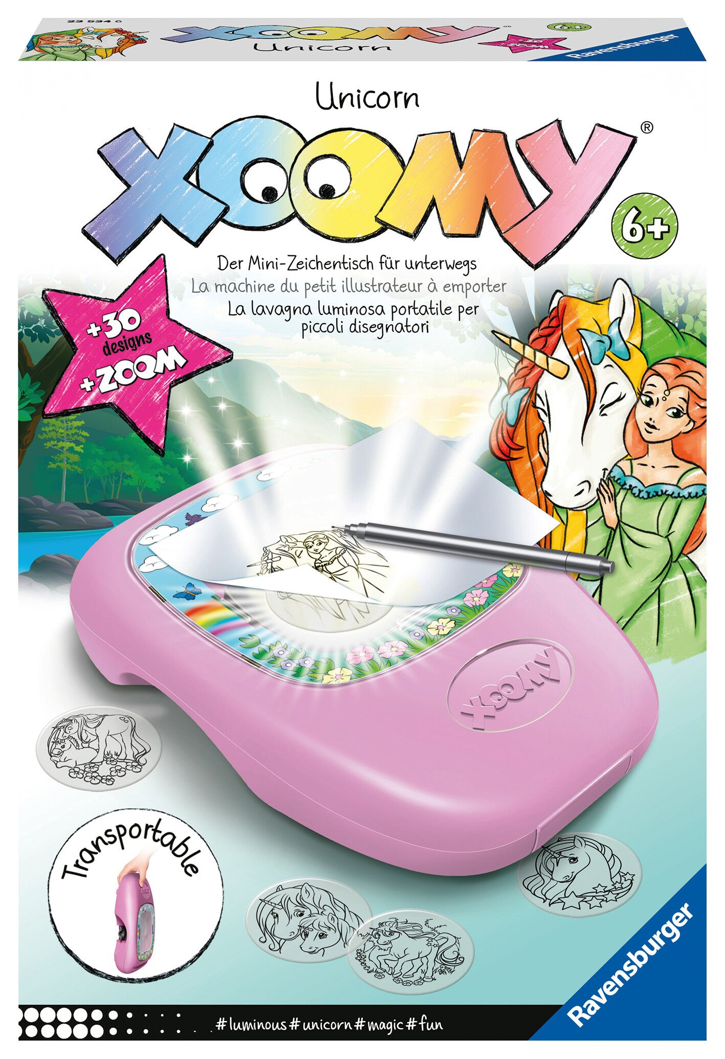 Ravensburger - xoomi midi unicorno, tavolo da disegno portatile con proiettore luminoso, 30 motivi illustrati, compatibile con xoomi maxi e midi, 6+ anni - RAVENSBURGER