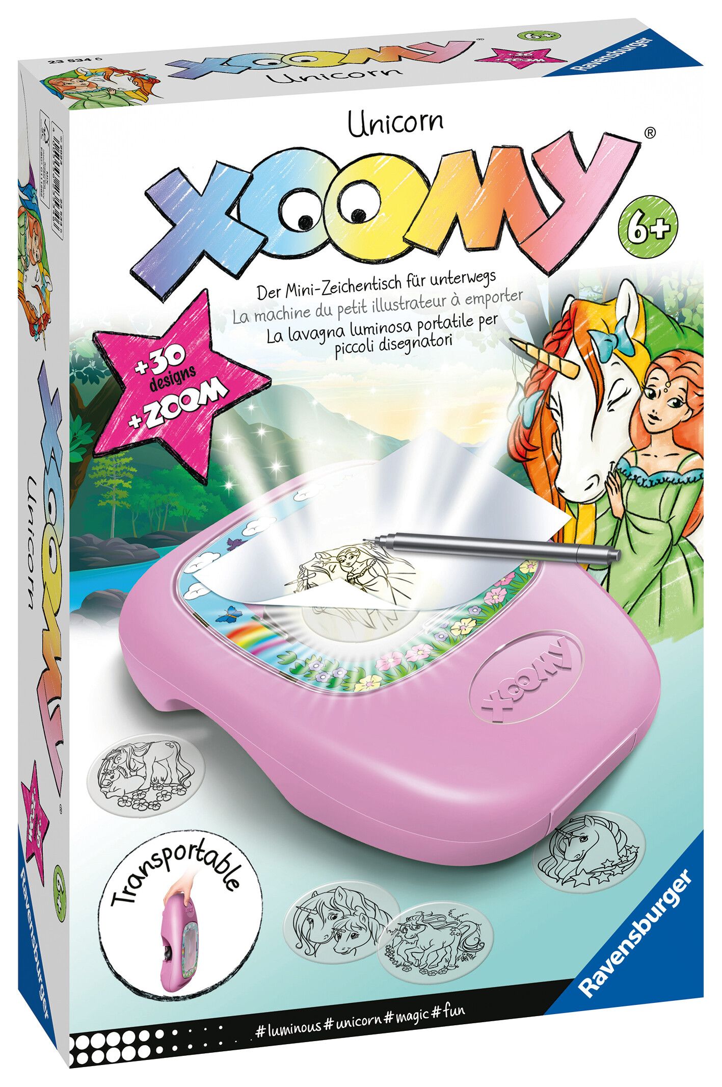 Ravensburger - xoomi midi unicorno, tavolo da disegno portatile con proiettore luminoso, 30 motivi illustrati, compatibile con xoomi maxi e midi, 6+ anni - RAVENSBURGER