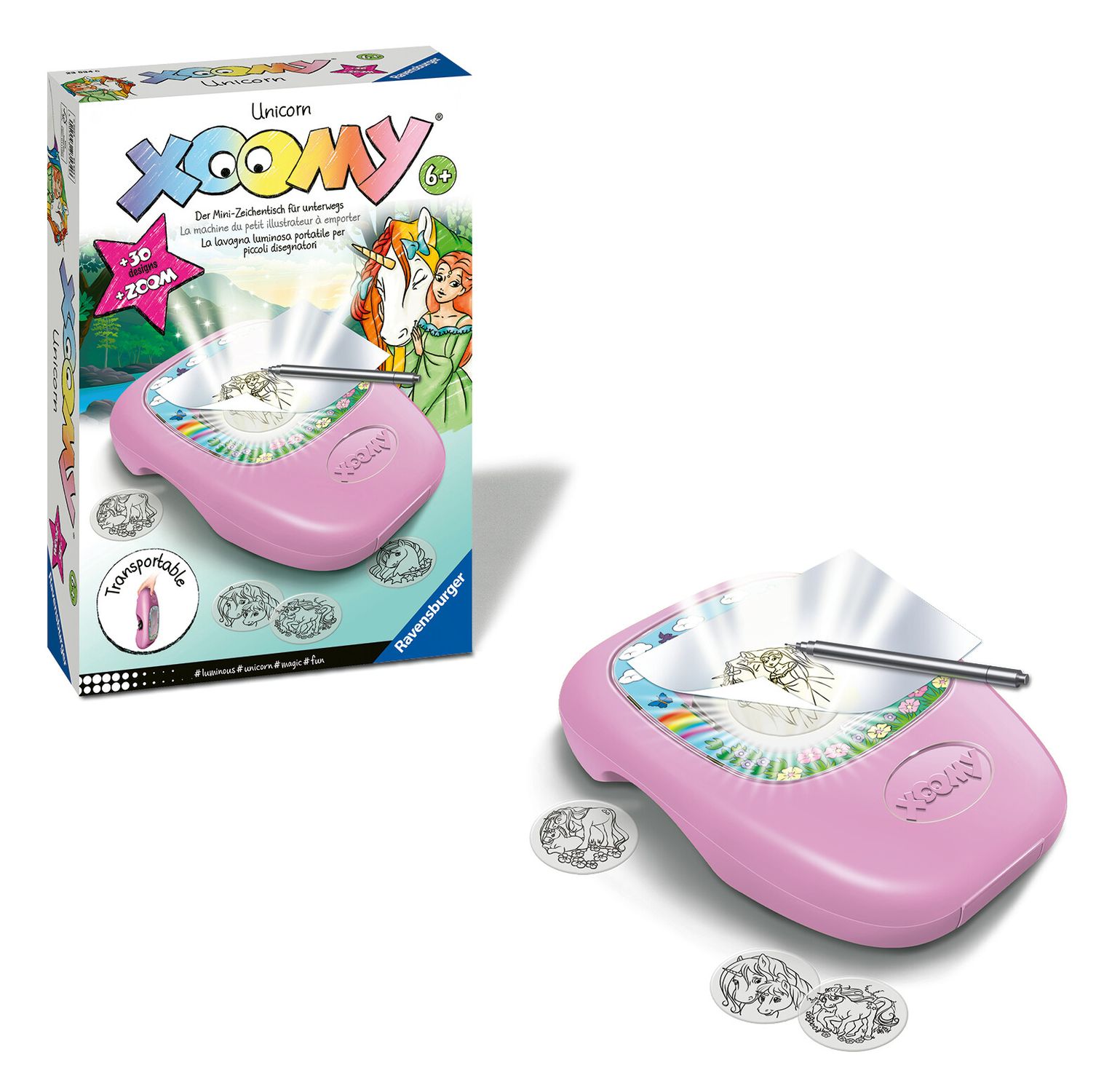 Ravensburger - xoomi midi unicorno, tavolo da disegno portatile con proiettore luminoso, 30 motivi illustrati, compatibile con xoomi maxi e midi, 6+ anni - RAVENSBURGER
