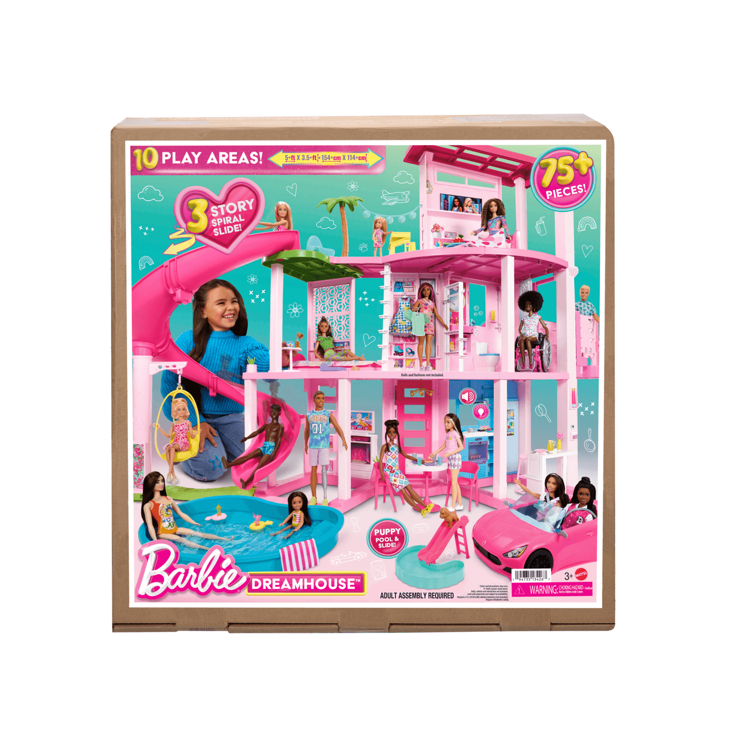 Barbie - casa dei sogni di barbie, playset casa delle bambole con piscina, scivolo a 3 piani, ascensore e aree di gioco per cuccioli, 75+ accessori, 3+ anni, hmx10 - Barbie