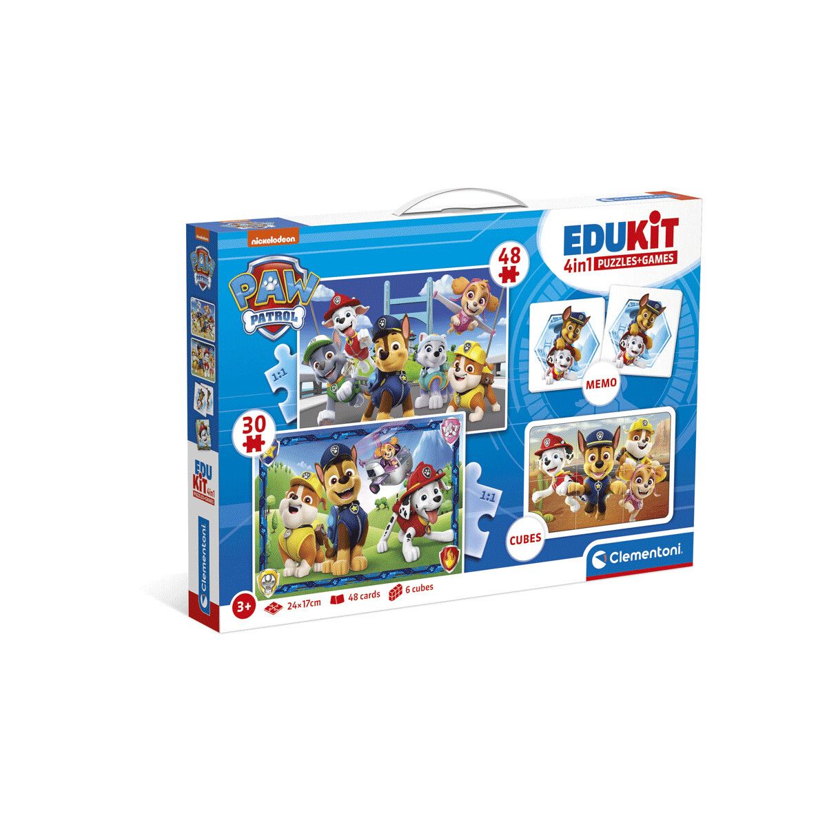 Clementoni - 18291 - edukit 4 in 1  paw patrol con un puzzle da 30 pezzi e uno da 48, un memo e sei cubi - CLEMENTONI