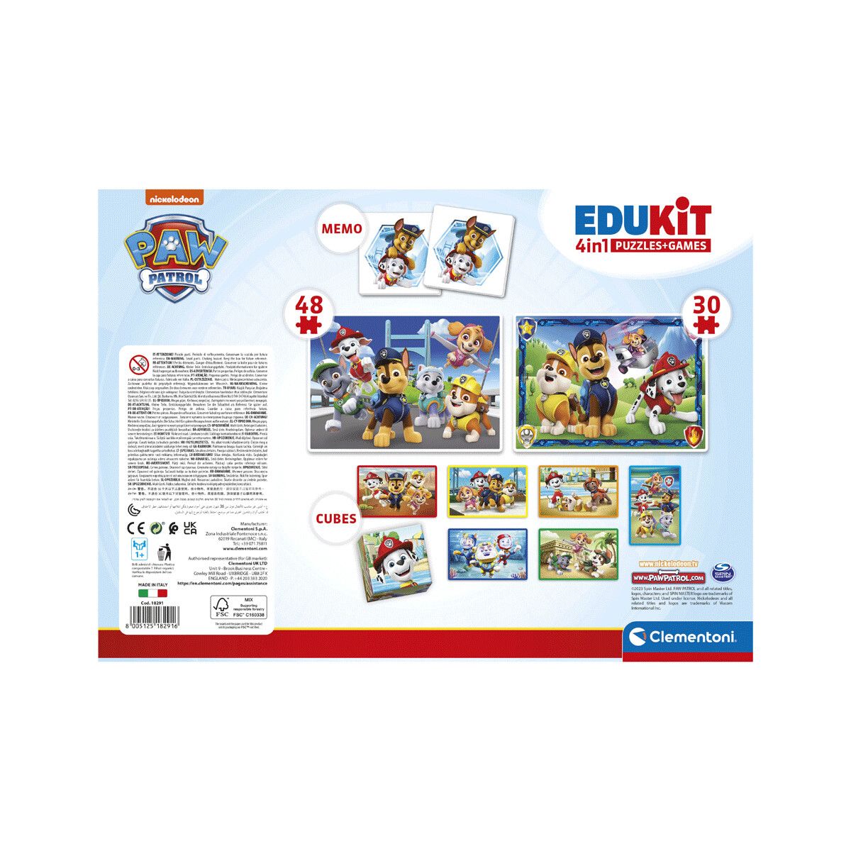 Clementoni - 18291 - edukit 4 in 1  paw patrol con un puzzle da 30 pezzi e uno da 48, un memo e sei cubi - CLEMENTONI