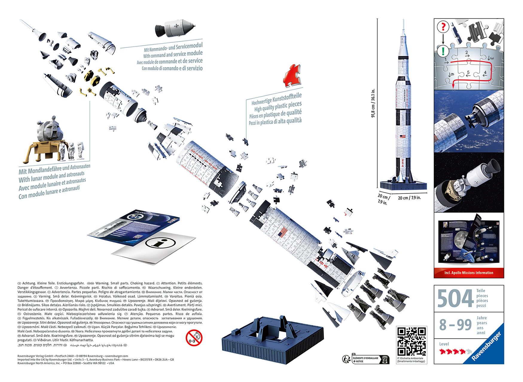 Ravensburger - 3d puzzle apollo saturn v rocket, razzo spaziale, 440 pezzi, 8+ anni - RAVENSBURGER, RAVENSBURGER 3D PUZZLE