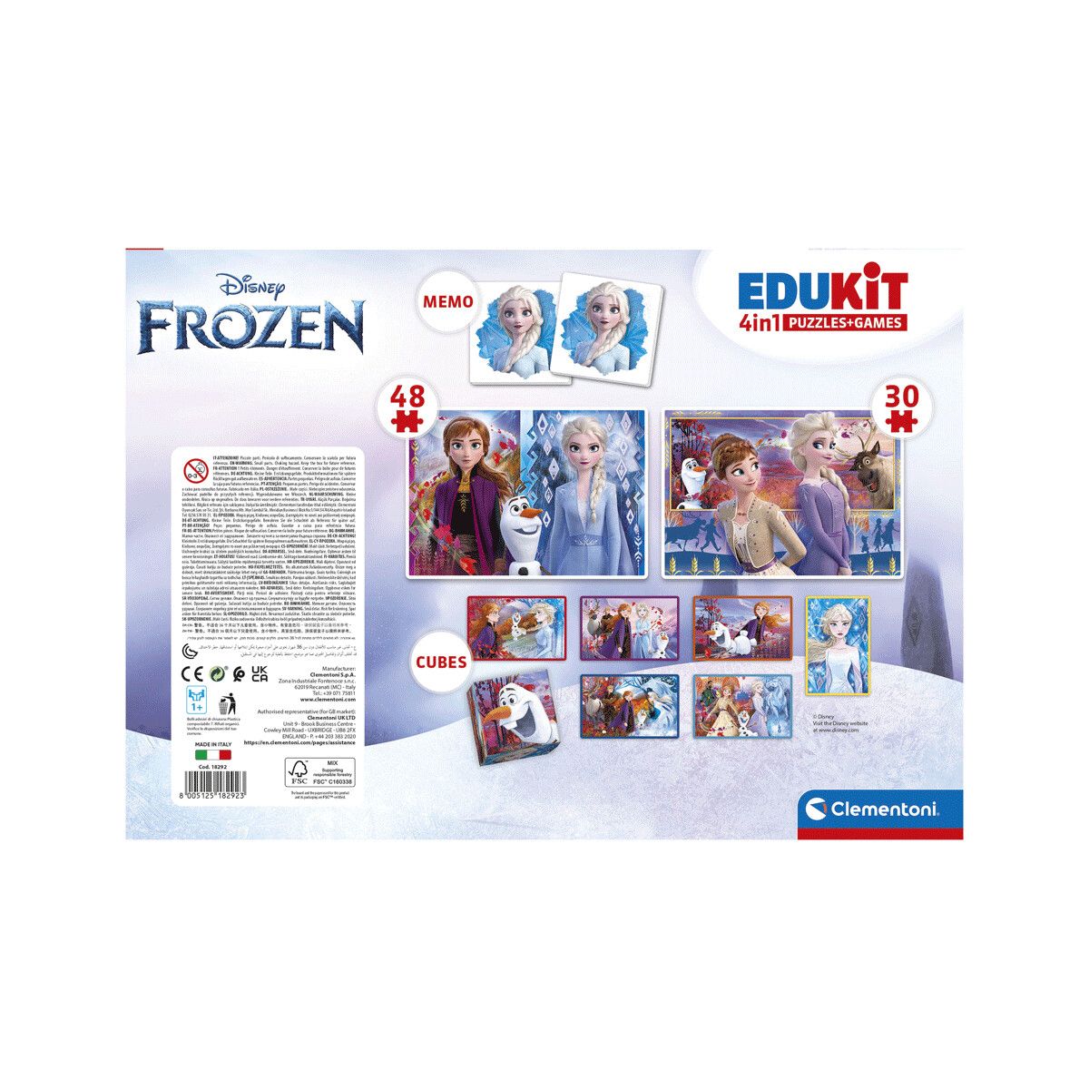 Clementoni - 18292 - edukit 4 in 1  frozen  con un puzzle da 30 pezzi e uno da 48, un memo e sei cubi - CLEMENTONI, DISNEY PRINCESS, Disney