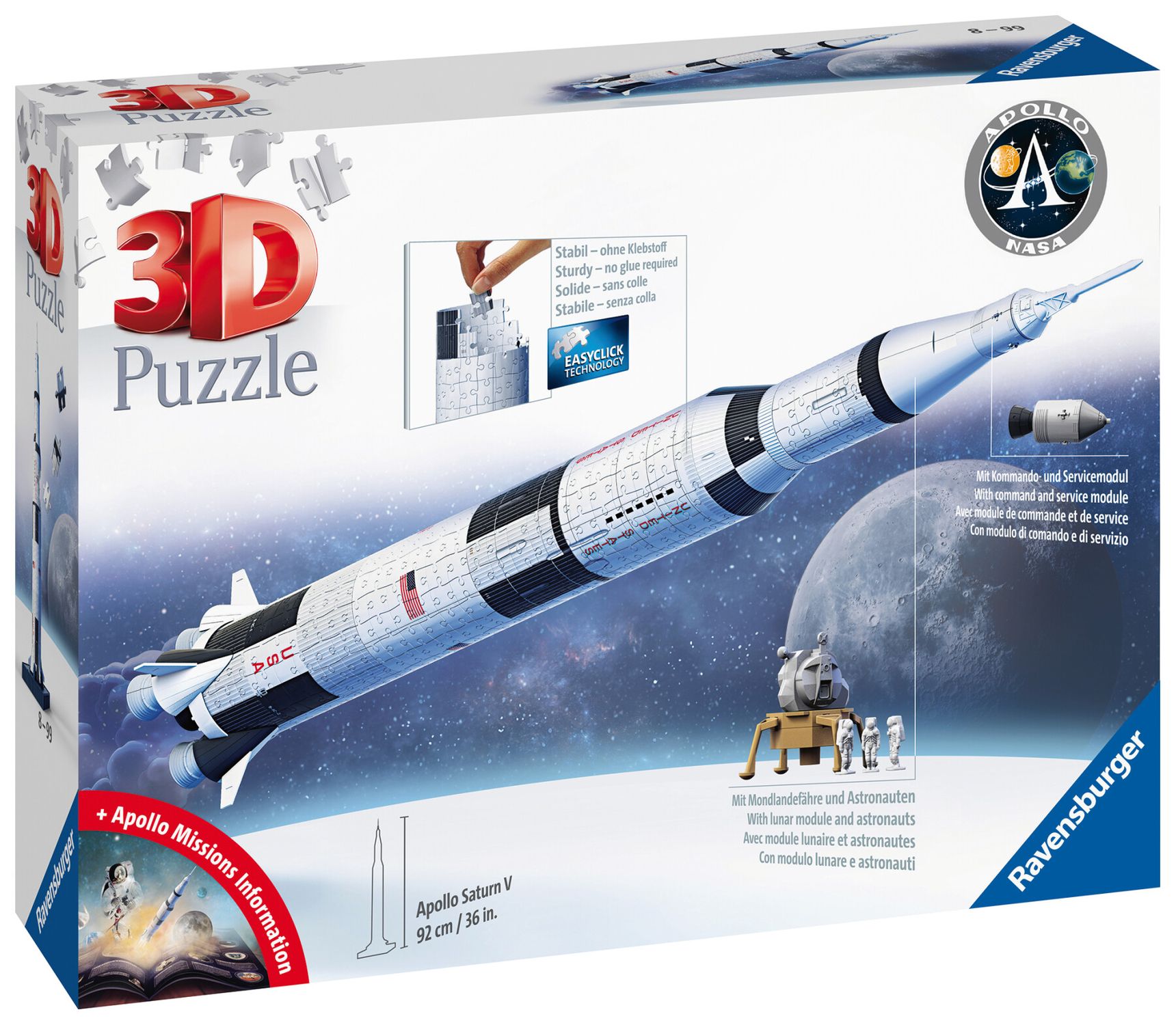 Ravensburger - 3d puzzle apollo saturn v rocket, razzo spaziale, 440 pezzi, 8+ anni - RAVENSBURGER, RAVENSBURGER 3D PUZZLE