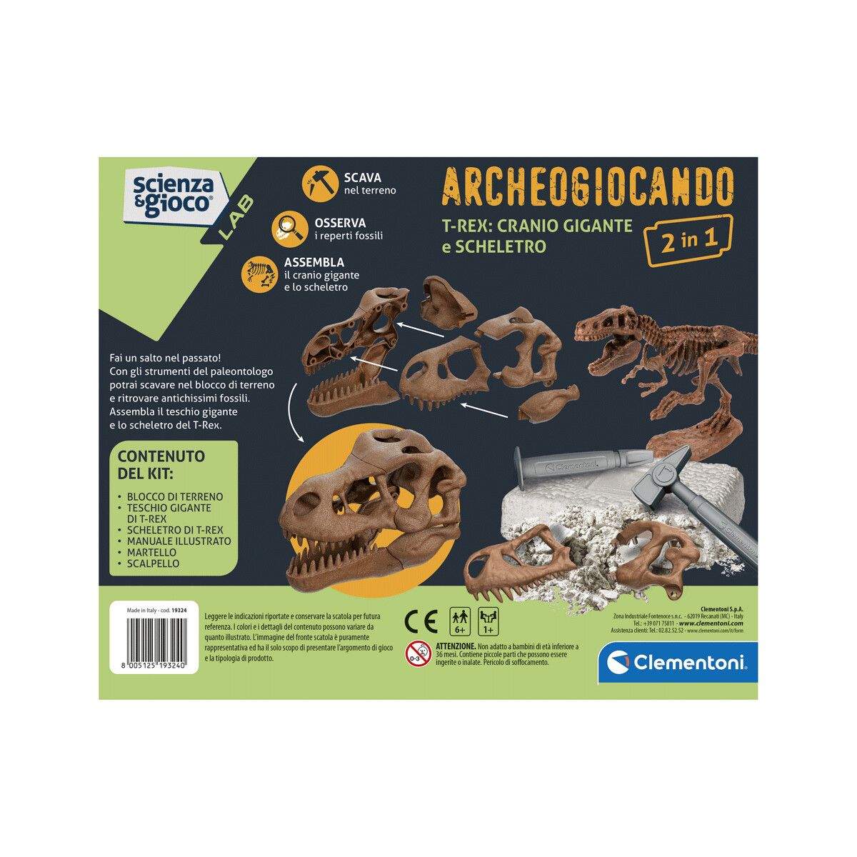 Clementoni - 19324 - archeogiocando kit t-rex 2in1 - CLEMENTONI, Scienza e Gioco