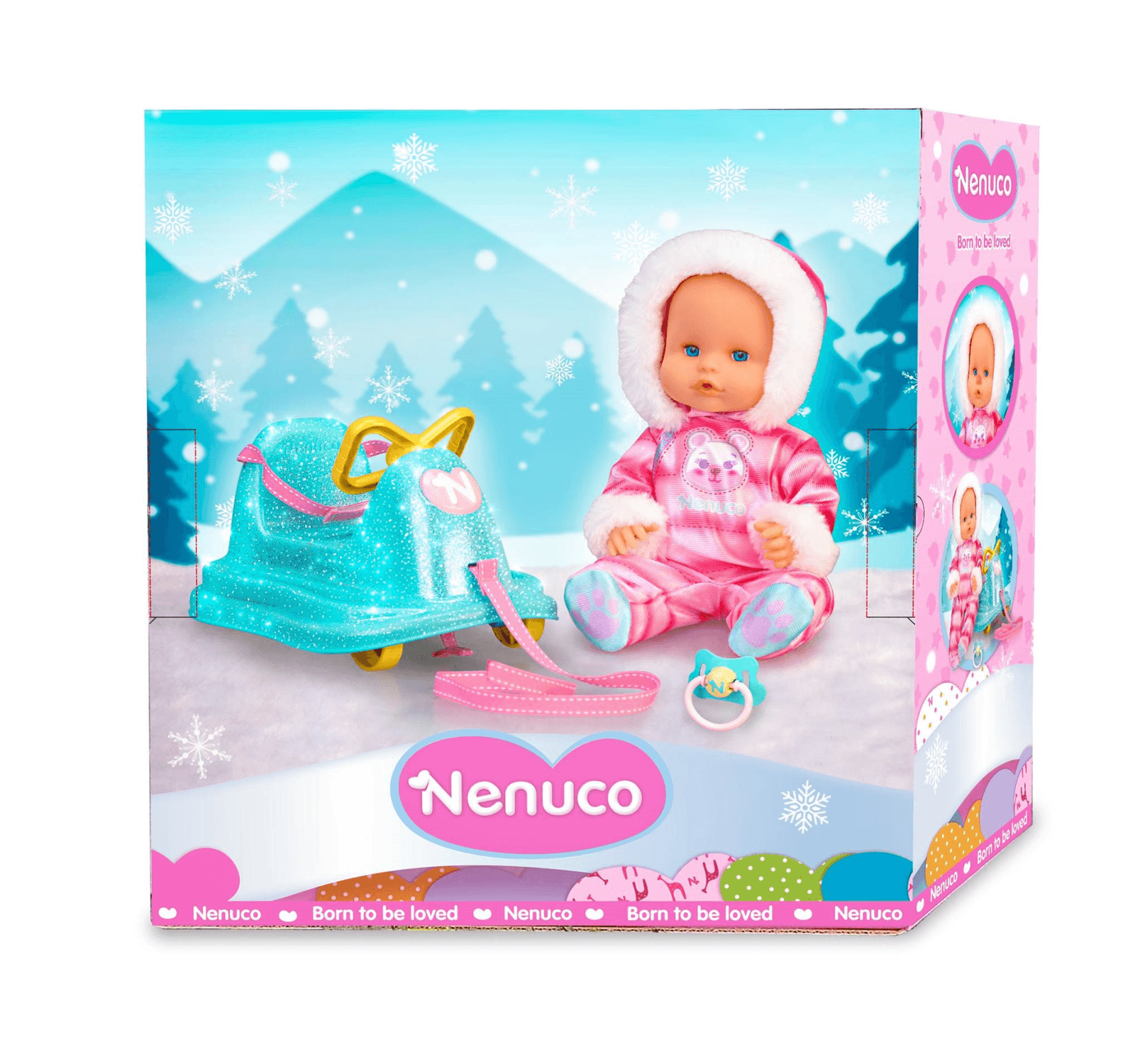 Nenuco e la sua slitta, bambola 35 cm, con slitta trainabile, il nasino diventa rosso con il freddo - NENUCO