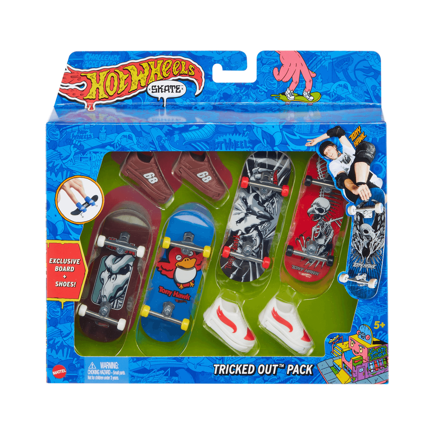 Hot wheels skate - multi-pack assortimento tony hawk, set con 4 fingerboard assemblate e 2 paia di scarpe da skate rimovibili e in stili diversi, 5+ anni, hgt84 - Hot Wheels