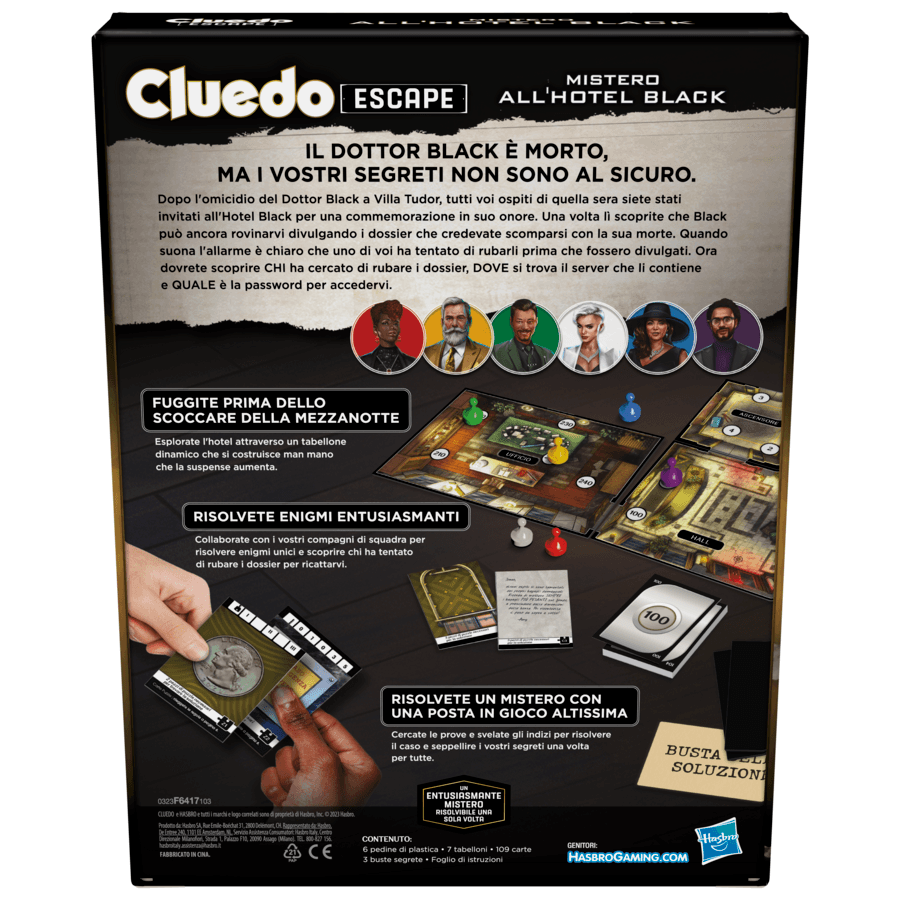 Cluedo escape - mistero all'hotel black, gioco da tavolo, giochi in versione escape room da risolvere 1 volta sola, giochi di mistero, dai 10 anni in su - HASBRO GAMING
