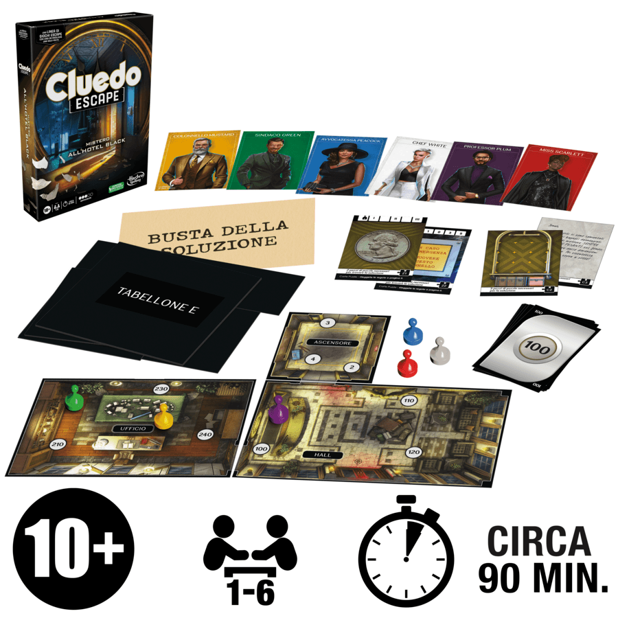 Cluedo escape - mistero all'hotel black, gioco da tavolo, giochi in versione escape room da risolvere 1 volta sola, giochi di mistero, dai 10 anni in su - HASBRO GAMING