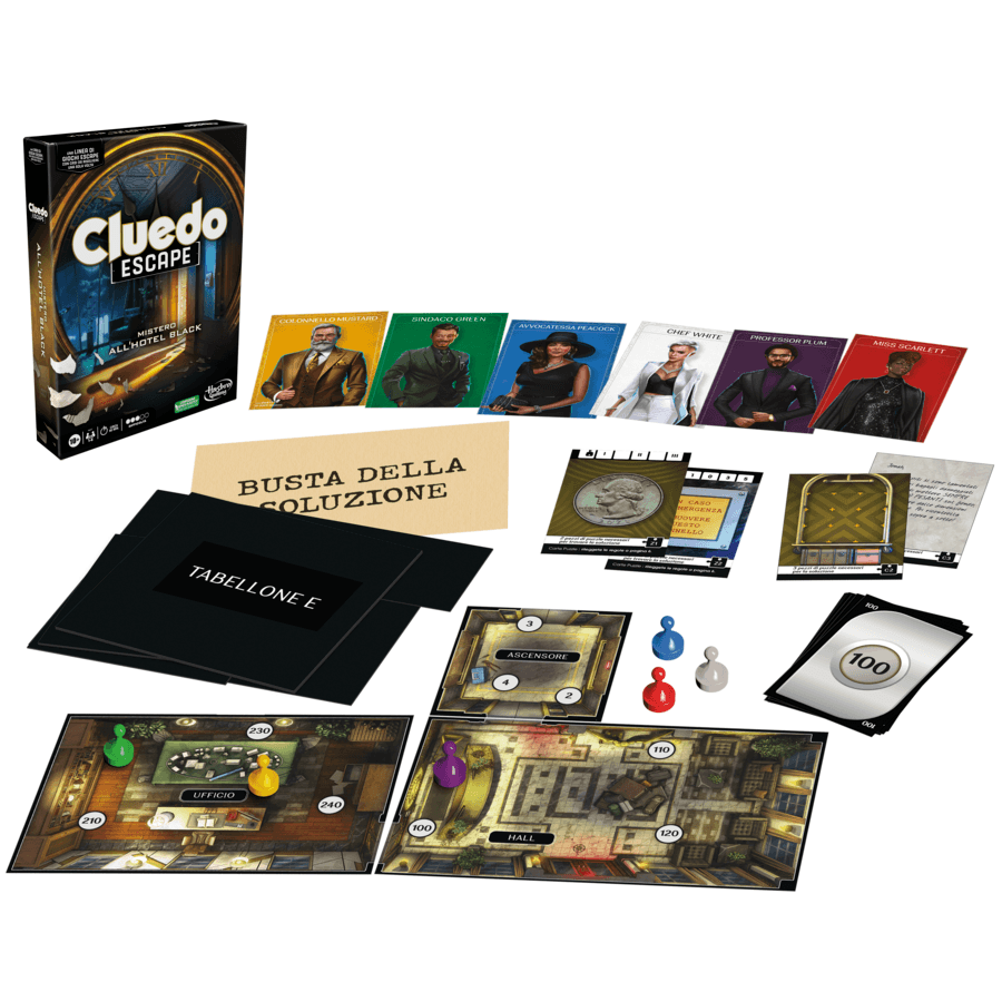 Cluedo escape - mistero all'hotel black, gioco da tavolo, giochi in versione escape room da risolvere 1 volta sola, giochi di mistero, dai 10 anni in su - HASBRO GAMING
