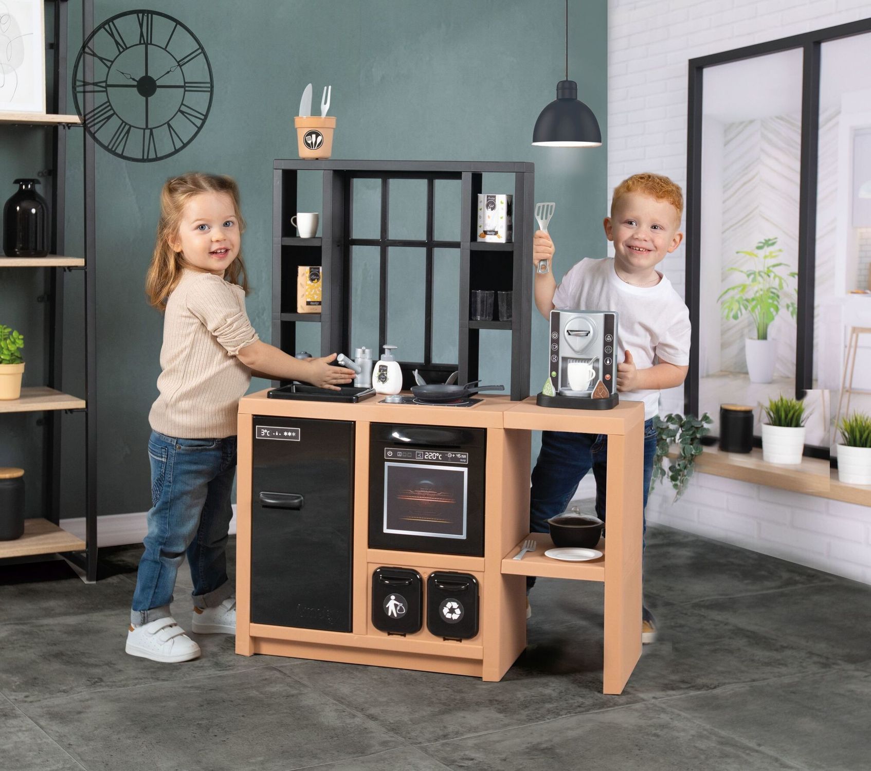 Smoby - cucina loft,  stile industriale, altezza piano 50 cm, 32 accessori, raccolta differenziata, made in france - SMOBY