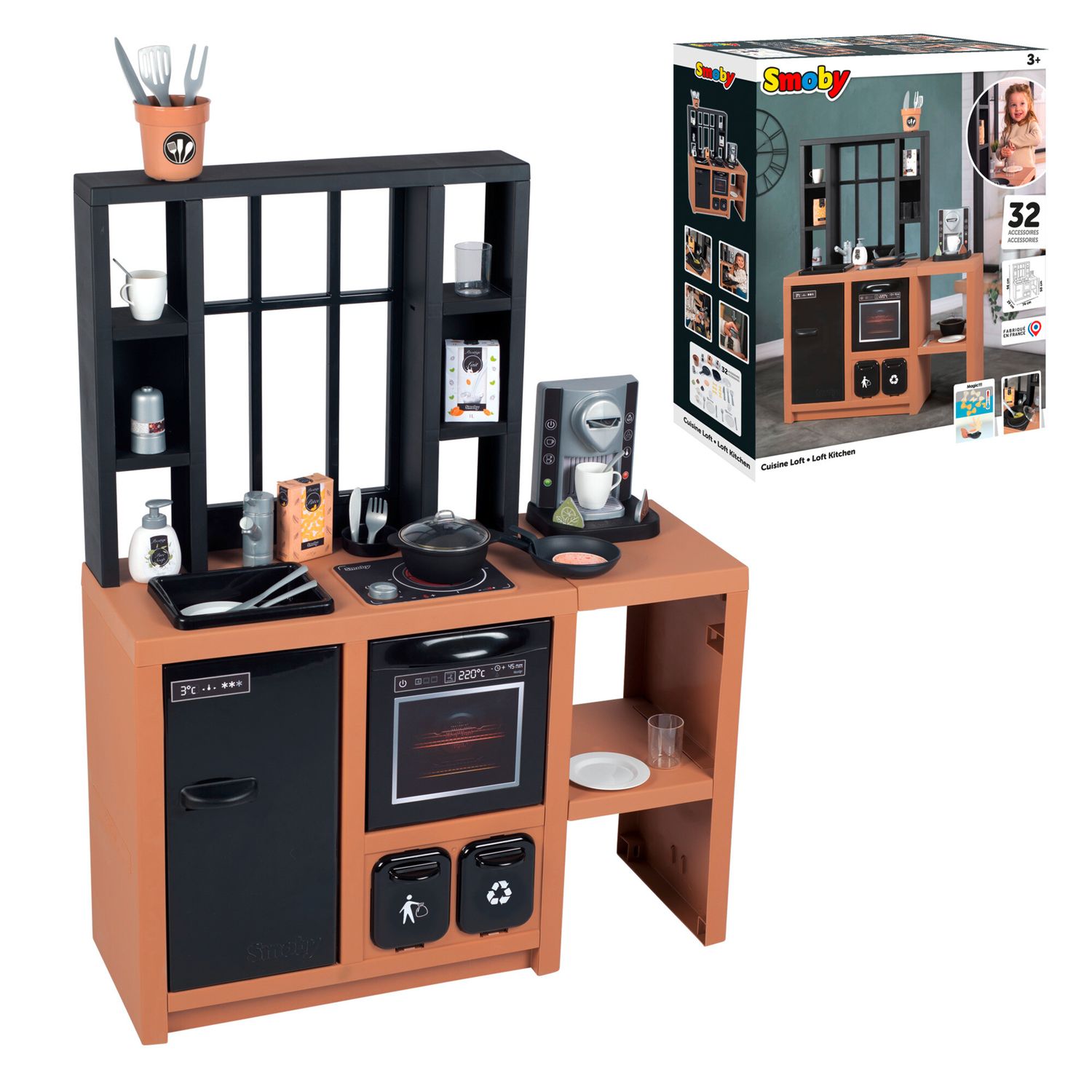 Smoby - cucina loft,  stile industriale, altezza piano 50 cm, 32 accessori, raccolta differenziata, made in france - SMOBY