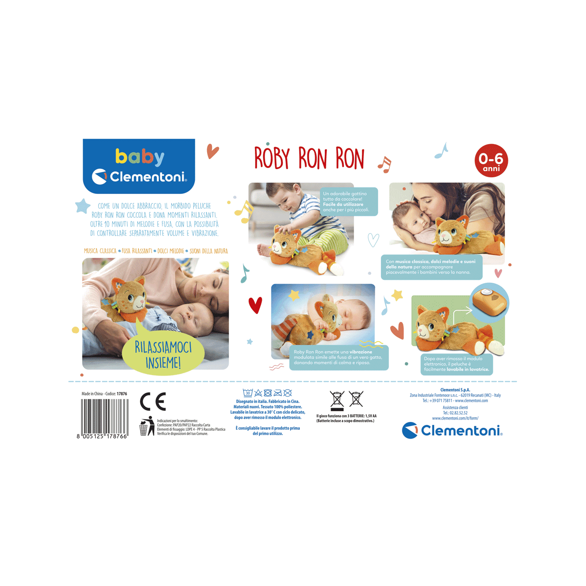 Clementoni - roby ron ron, peluche interattivo con vibrazione, melodie e suoni - BABY CLEMENTONI