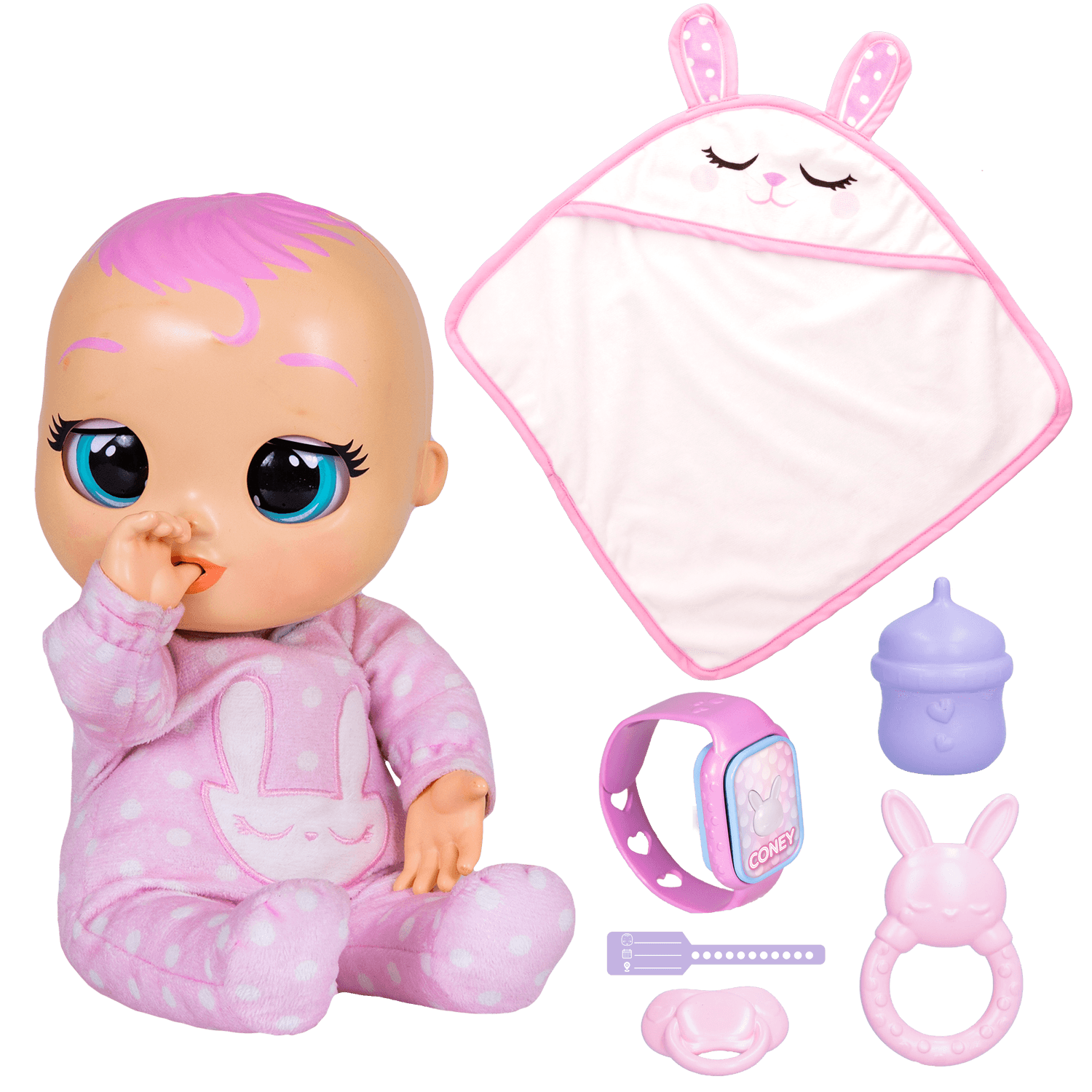 Cry babies newborn coney, bambola interattiva di una vera neonata, mangia, piange e si calma e ride solo con te, grazie al braccialetto elettronico - CRY BABIES
