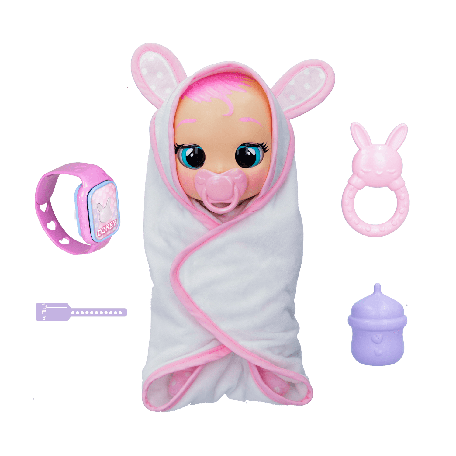 Cry babies newborn coney, bambola interattiva di una vera neonata, mangia, piange e si calma e ride solo con te, grazie al braccialetto elettronico - CRY BABIES