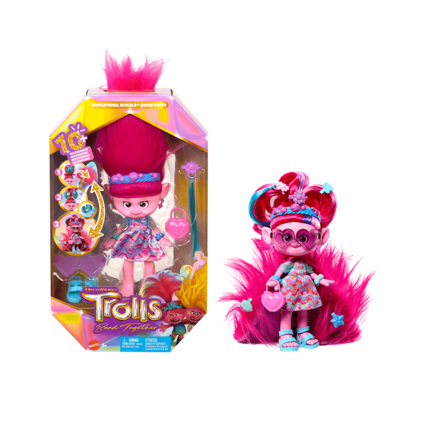 Dreamworks trolls tutti insieme - regina poppy magiche acconciature, bambola con capelli di peluche trasformabili, abiti e 15+ accessori, look ispirato al film, 3+ anni, hnf16 - Trolls