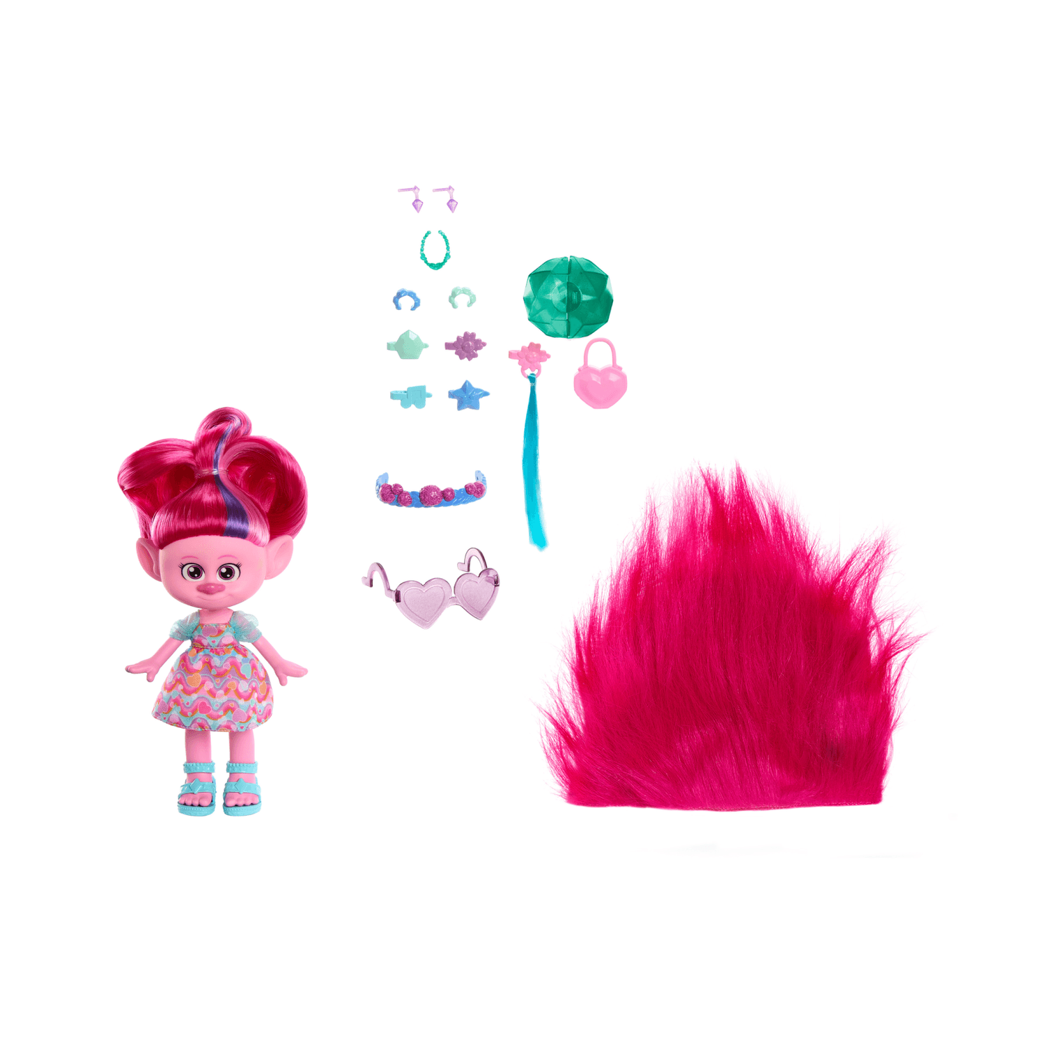 Dreamworks trolls tutti insieme - regina poppy magiche acconciature, bambola con capelli di peluche trasformabili, abiti e 15+ accessori, look ispirato al film, 3+ anni, hnf16 - Trolls