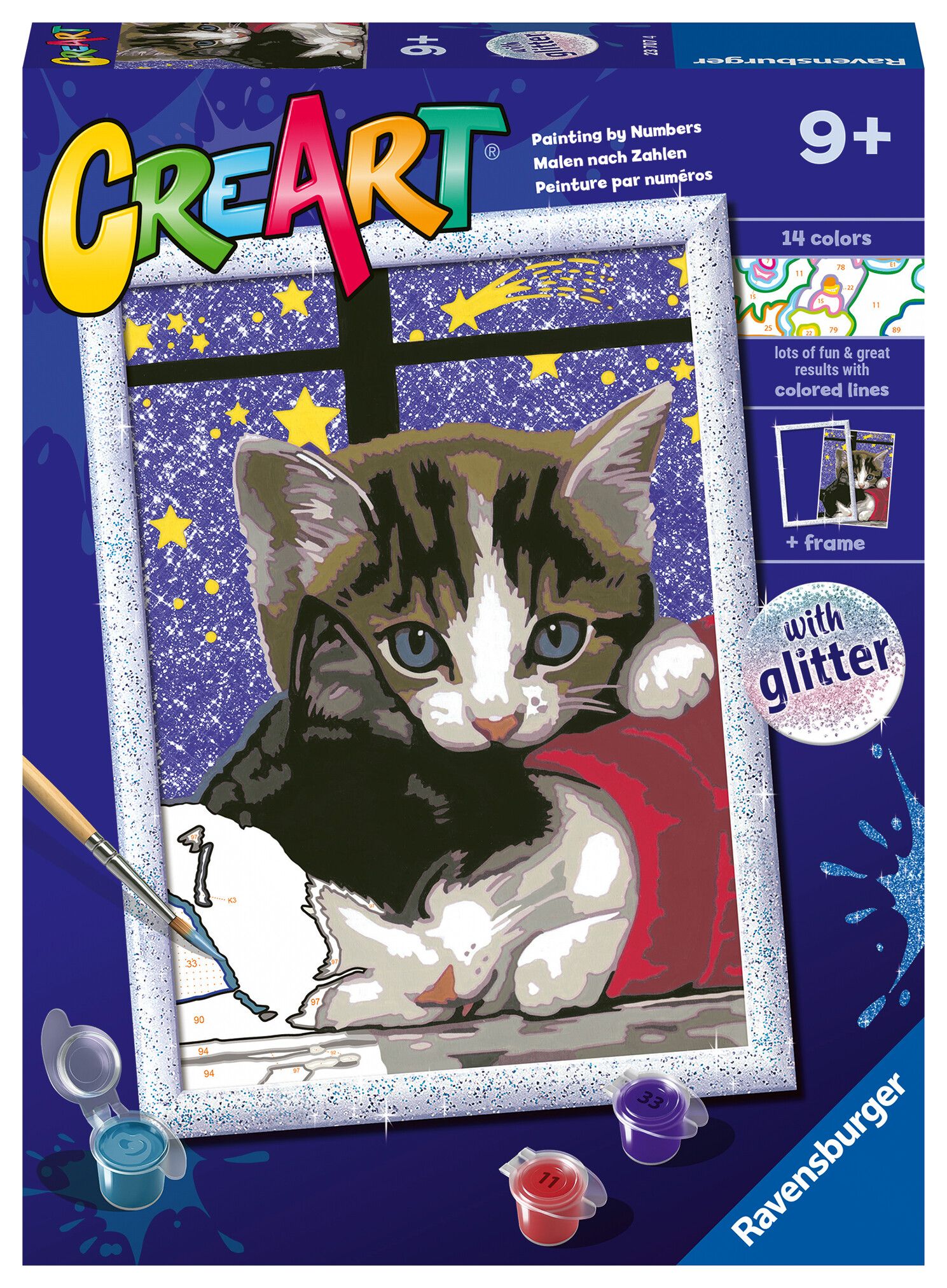 Ravensburger - creart serie d: gattini, kit per dipingere con i numeri, contiene una tavola prestampata, pennello, colori e accessori, gioco creativo per bambini 7+ anni - RAVENSBURGER