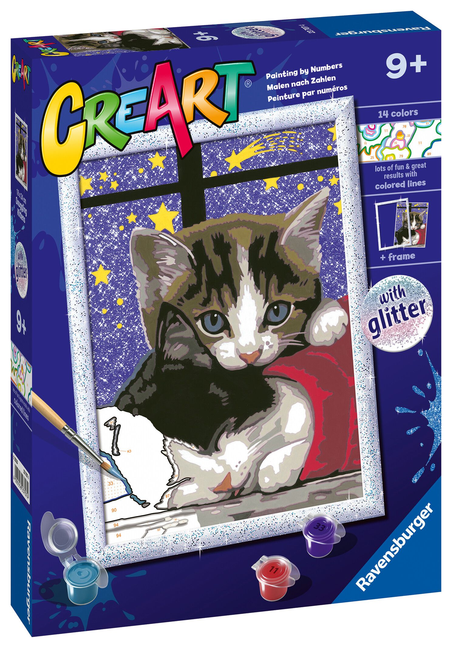 Ravensburger - creart serie d: gattini, kit per dipingere con i numeri, contiene una tavola prestampata, pennello, colori e accessori, gioco creativo per bambini 7+ anni - RAVENSBURGER