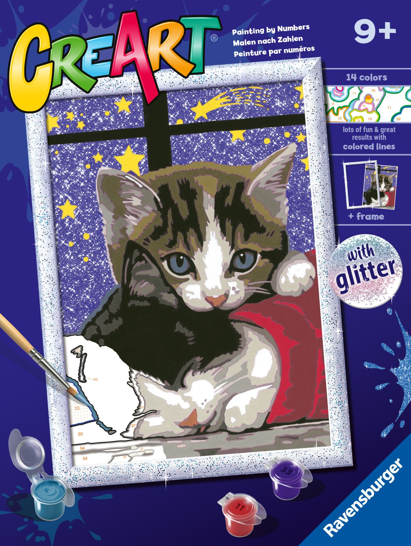 Ravensburger - creart serie d: gattini, kit per dipingere con i numeri, contiene una tavola prestampata, pennello, colori e accessori, gioco creativo per bambini 7+ anni - RAVENSBURGER