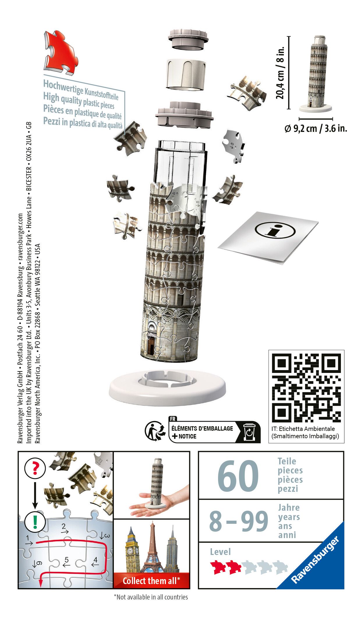 Ravensburger - 3d puzzle mini torre di pisa, 54 pezzi, 8 anni - RAVENSBURGER, RAVENSBURGER 3D PUZZLE