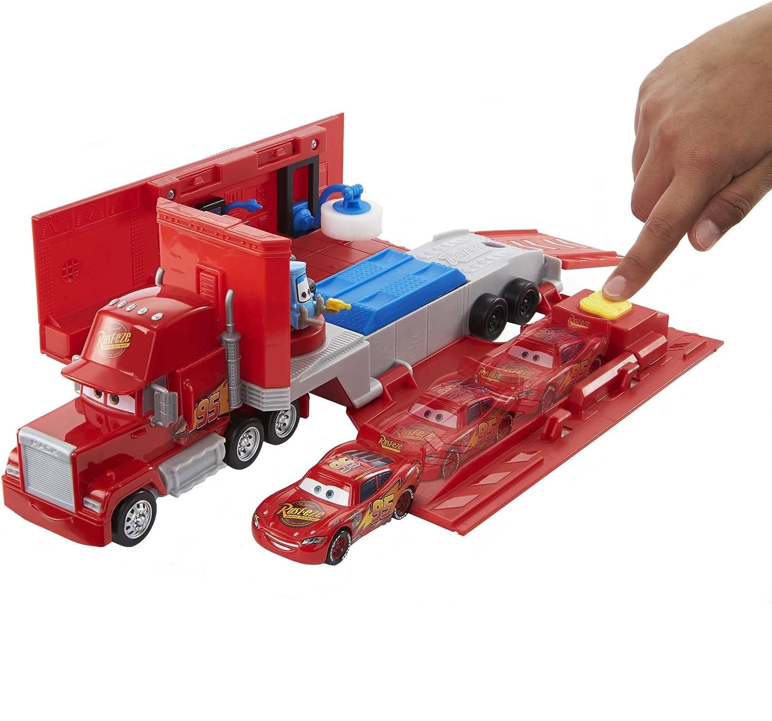 Disney pixar cars - mack trasformabile playset, giocattolo 2 in 1 con camion e officina per la messa a punto, con lanciatore, ponte , giocattolo per bambini 3+ anni - Cars