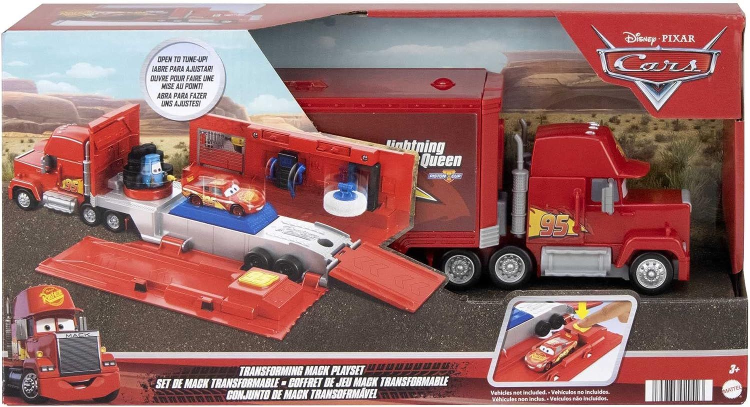 Disney pixar cars - mack trasformabile playset, giocattolo 2 in 1 con camion e officina per la messa a punto, con lanciatore, ponte , giocattolo per bambini 3+ anni - Cars