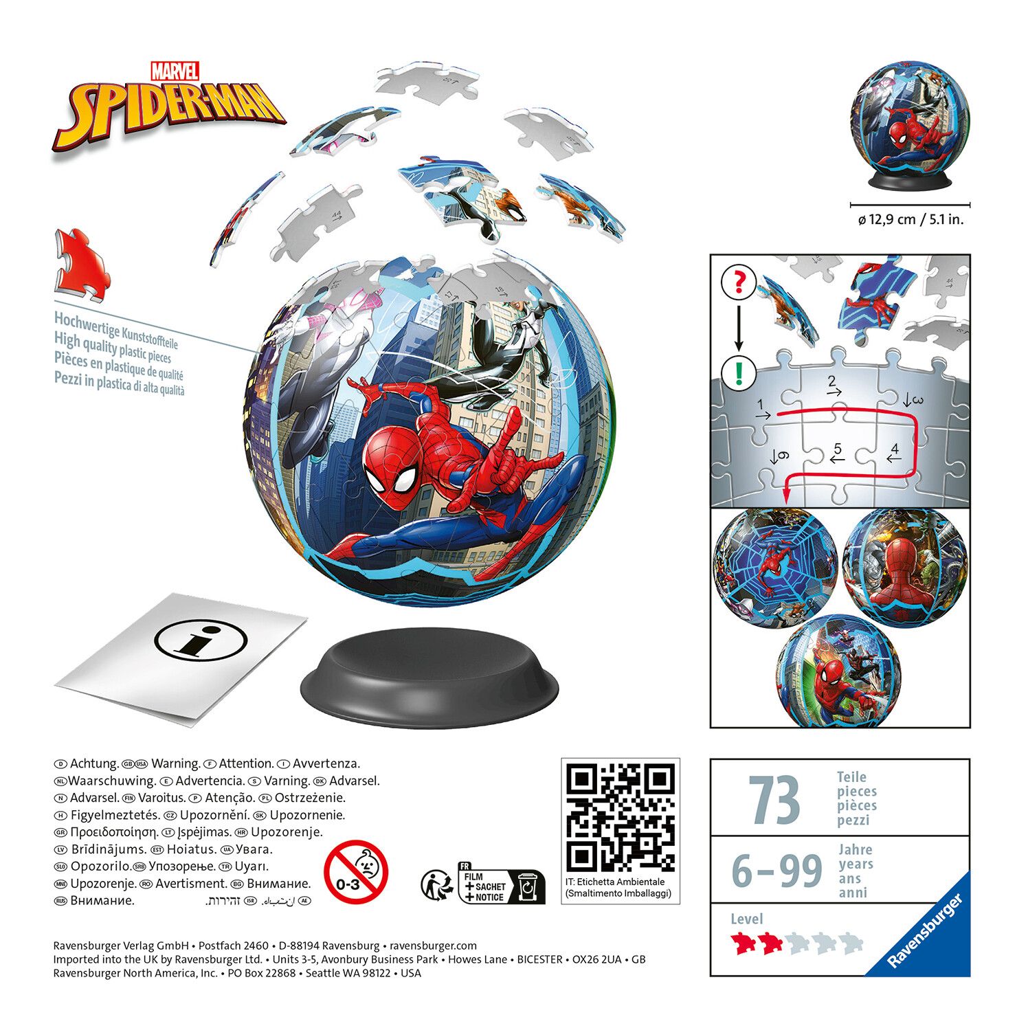 Ravensburger - 3d puzzle puzzle ball spiderman, 72 pezzi, 6+ anni - RAVENSBURGER 3D PUZZLE, Avengers, Spiderman
