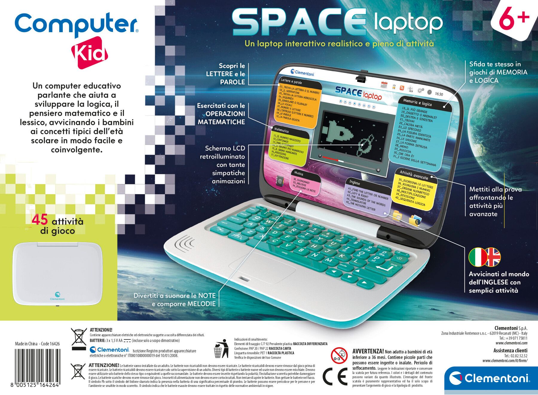 Space laptop clementoni interattivo educativo per bambini - 45 attività - schermo lcd retroilluminato - apprendimento lingua inglese - CLEMENTONI
