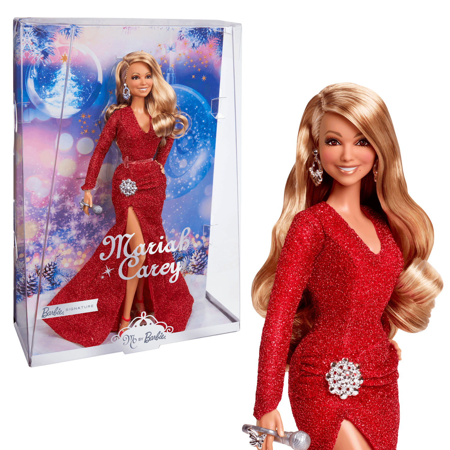 Barbie signature - mariah carey, bambola da collezione per celebrare il natale, con scintillante abito rosso e accessori argentati - Barbie