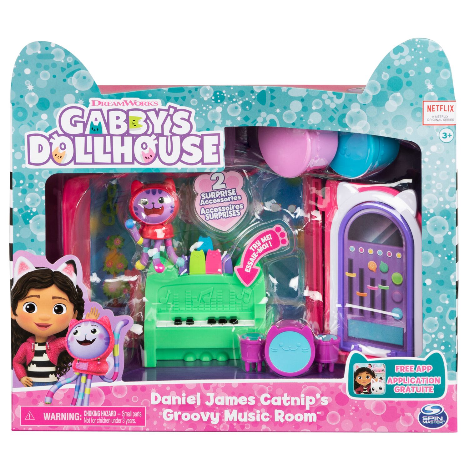 Gabby's dollhouse, groovy music room con personaggio daniel james catnip, 2 accessori, 2 mobili e 2 scatole con sorpresa, giocattoli per bambini dai 3 anni in su - GABBY'S DOLLHOUSE