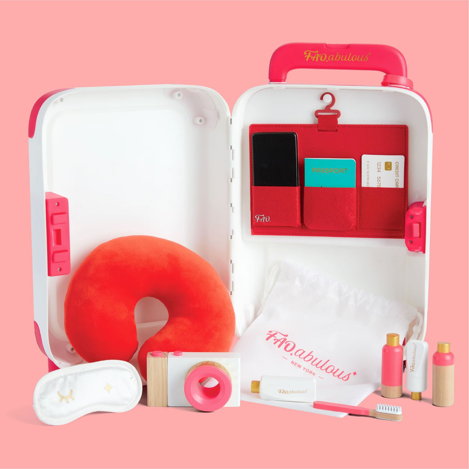 Set da viaggio giocattolo jet-setter con trolley e accessori, 15 pezzi - FAO Schwarz