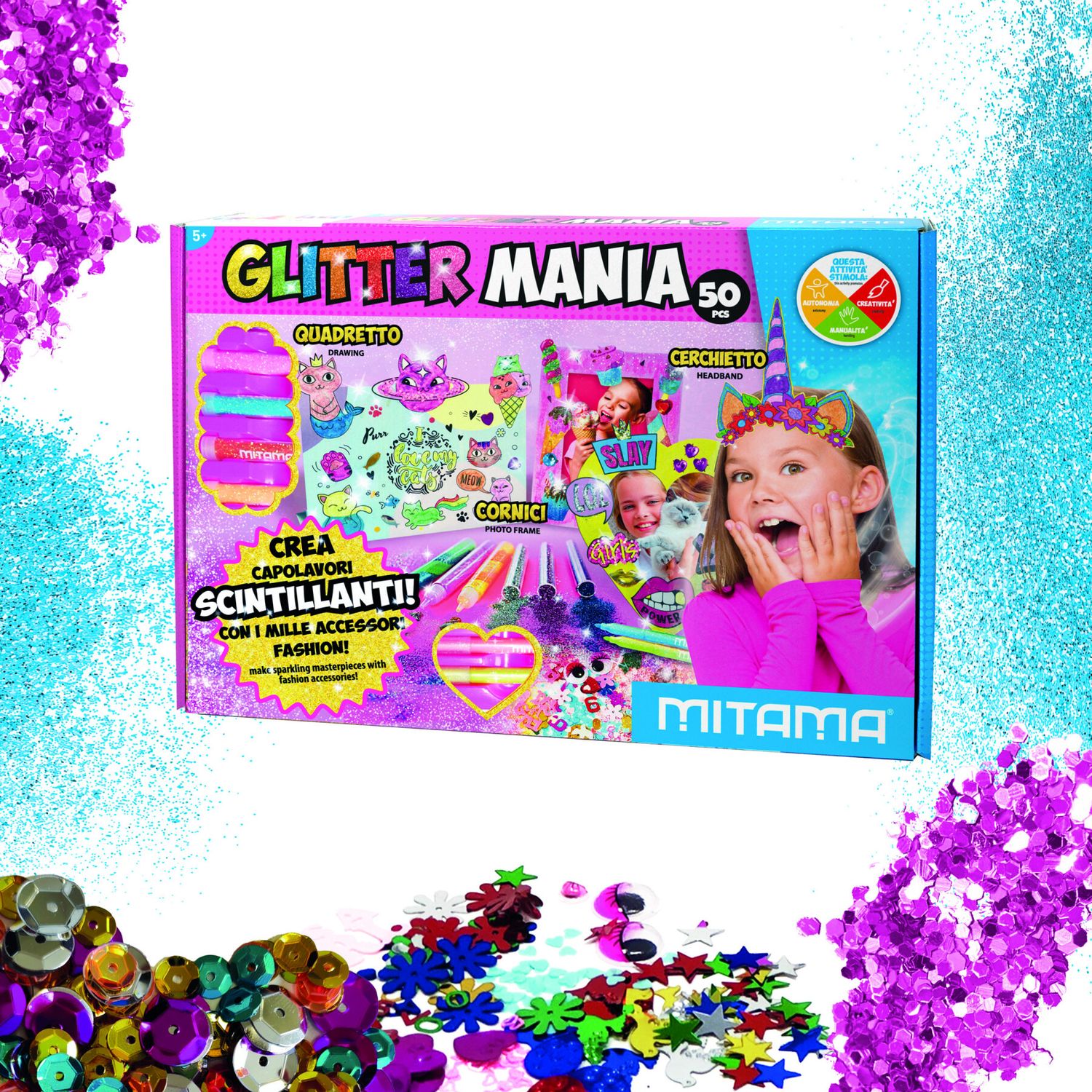 Glitter mania mitama 50 pezzi, contenuto : 6 pennarelli glitter, 10 tubetti glitter, 4 colle glitter, 2 colle liquide, 1 quadretto, 1 cornice, 1 cerchietto unicorno, 20 bustine con accessori glitter, 4 ganci cornice, - MITAMA