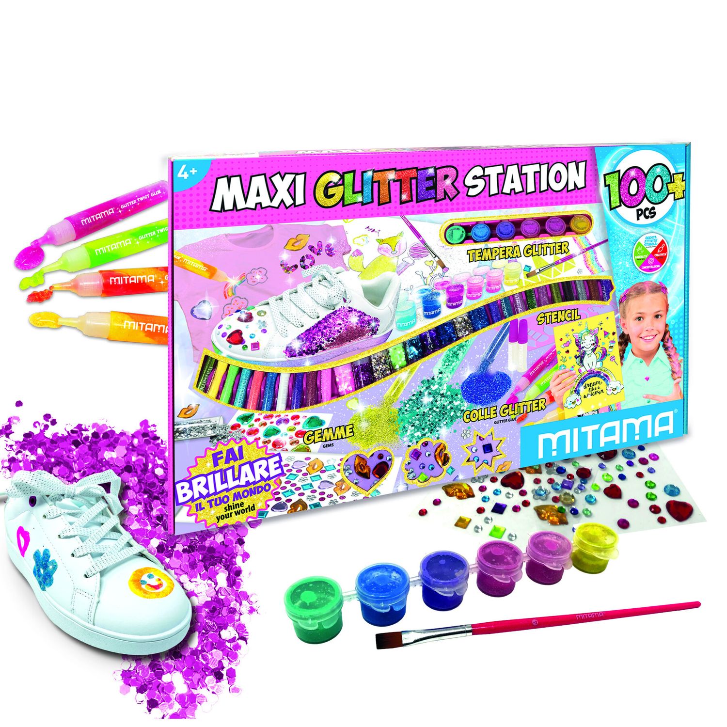Maxi glitter station mitama 100 pezzi. contenuto : 29 polverine glitter, 6 tempera glitter, 1 pennello, 4 colle glitter, 3 colle per polverine glitter, 56 gemme, 4 stencil - MITAMA