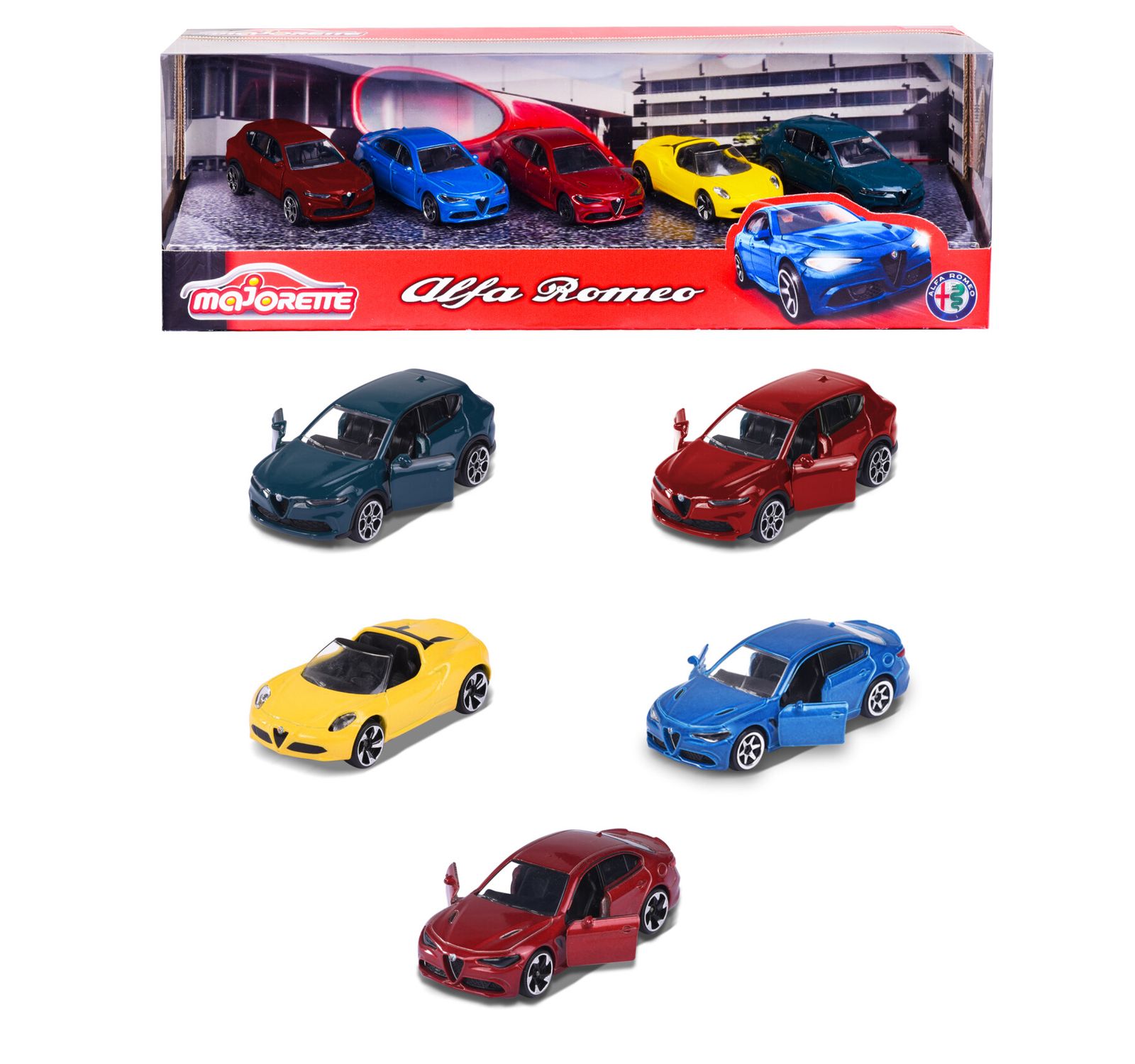 Majorette - giftpack alfa romeo, 5 modelli esclusivi in metallo pressofuso, sistema a ruota libera, parti apribili - MAJORETTE