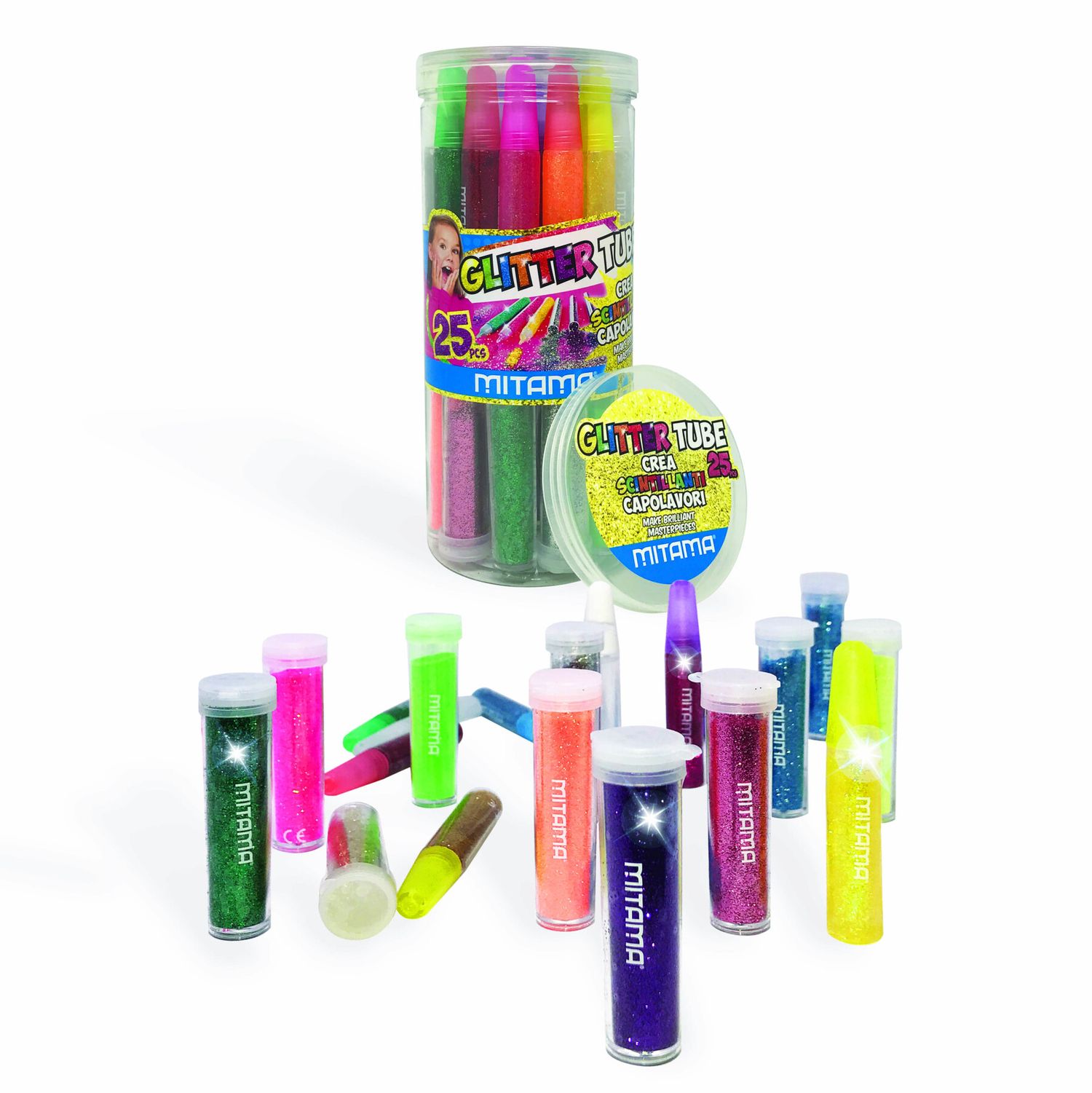 Glitter tube mitama, contenuto : 12 colle glitter+11 polverine+2 colle liquide, in tubo 25 pz. crea scintillanti capolavori - MITAMA