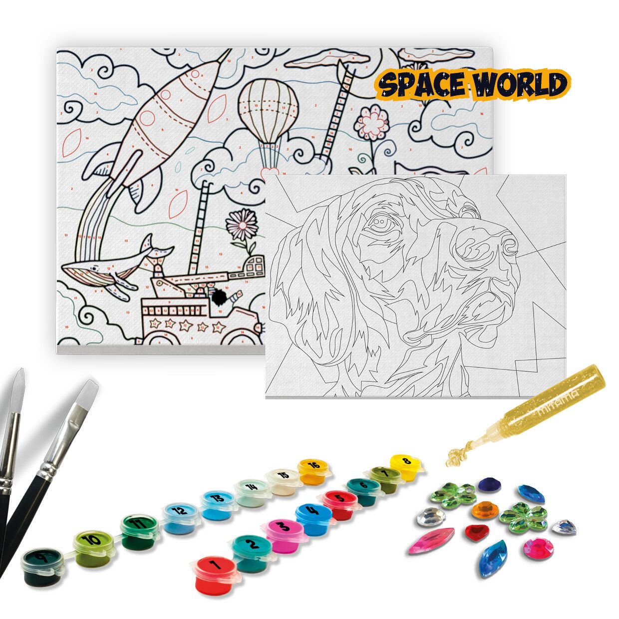 Super paint lab kit 16 col. acrilici c/pennello, 2 tele, gemme, glitter - 